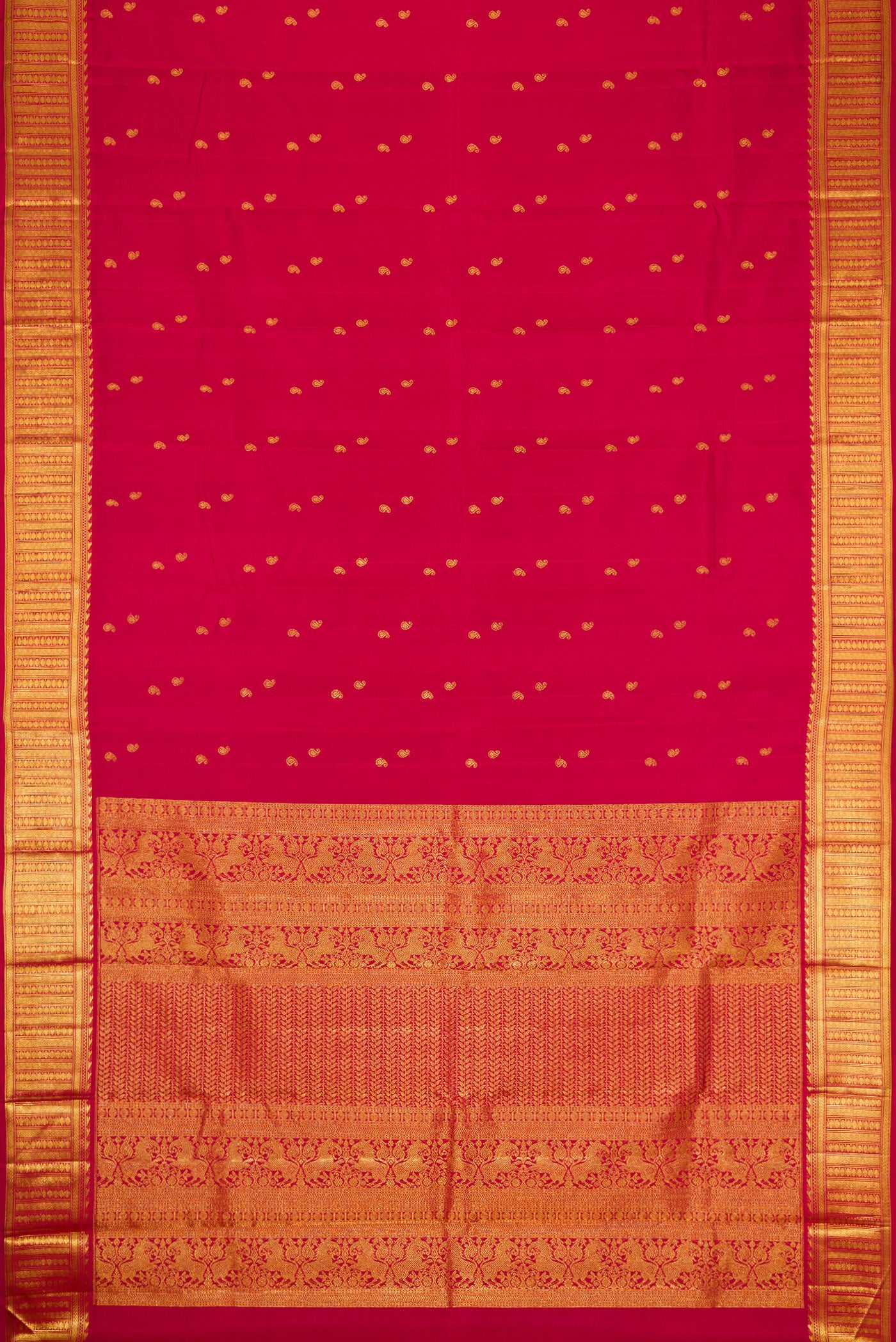 Flat view of Red Dual Tone Kanjivaram Silk Saree with Zari Butta on the body and Zari Border. 