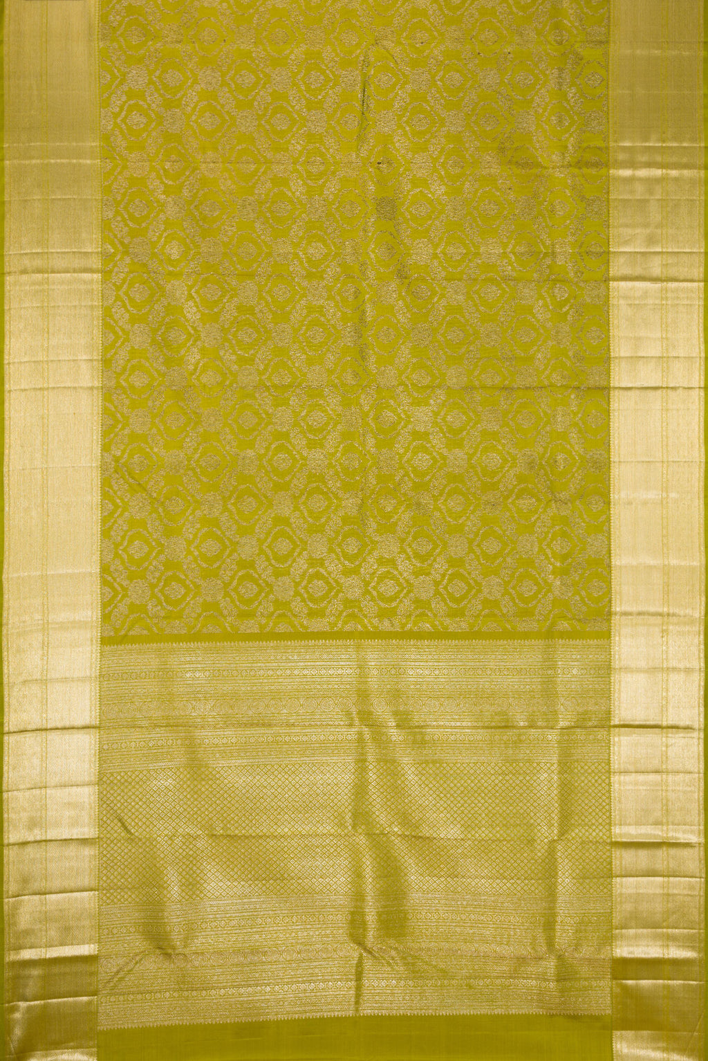 Flat view of Mehandi Green Dual Tone Kanchipuram Silk Saree with Zari Brocade on the body and Zari Border. 