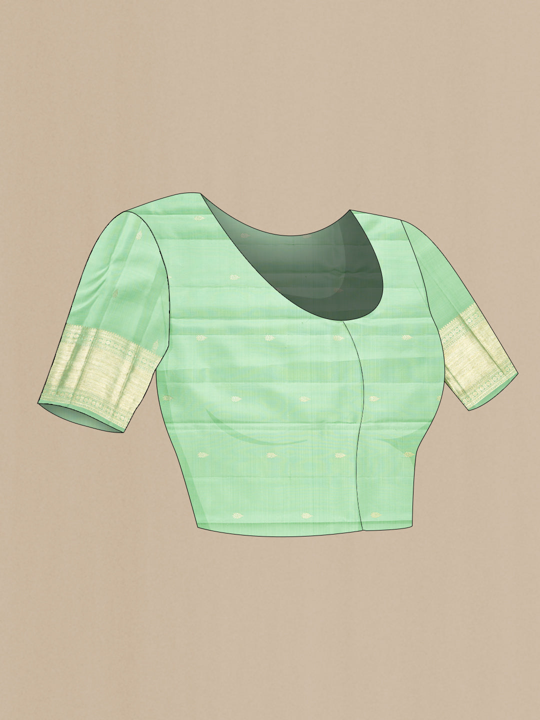 Close up image of the blouse of Light Green Kanchipuram Silk Saree with Zari Brocade on the body and Zari Border. 