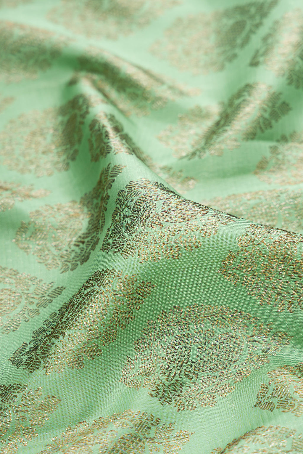 Close up of Light Green Kanchipuram Silk Saree with Zari Brocade on the body and Zari Border.  displaying folds