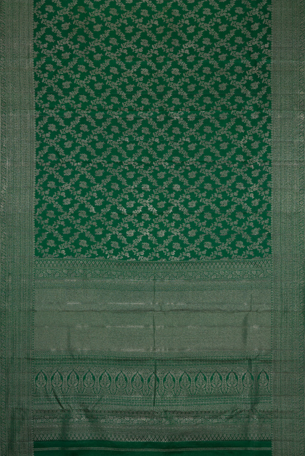 Flat view of Bottle Green Dual Tone Kanjivaram Silk Saree with Zari Brocade on the body and Zari Border. 