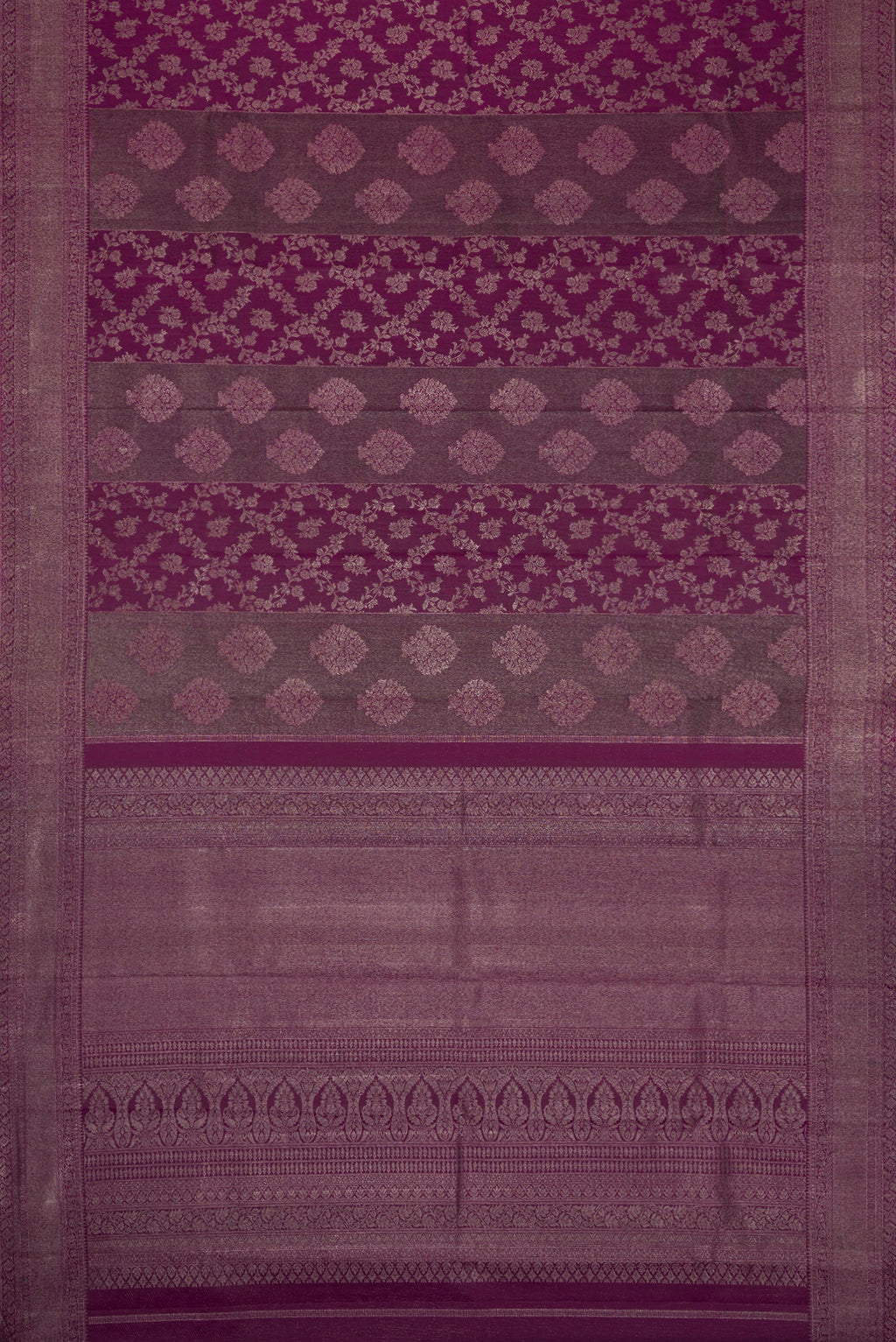 Flat view of Burgundy Dual Tone Kanjivaram Silk Saree with Zari Brocade on the body and Zari Border. 