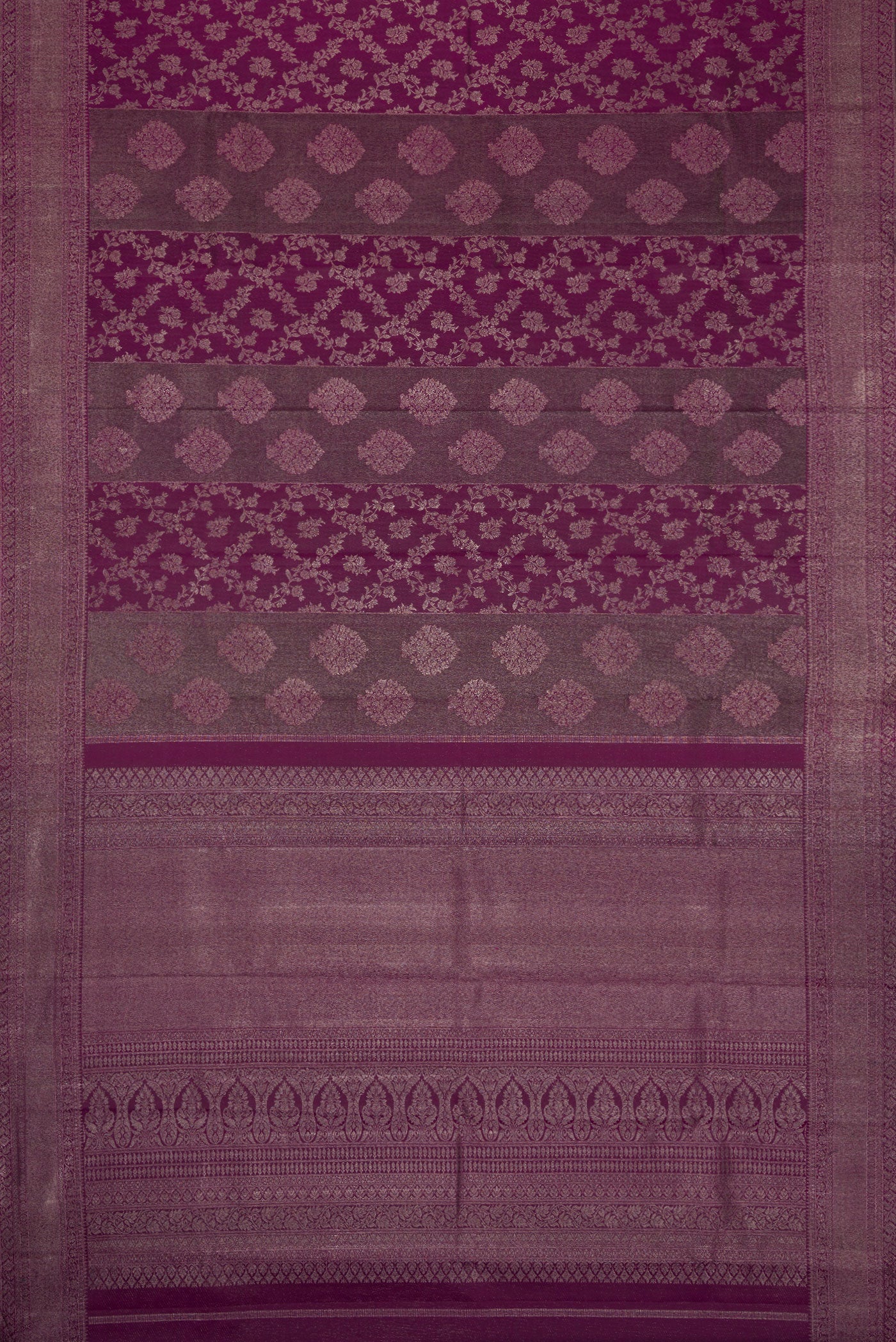 Flat view of Burgundy Dual Tone Kanjivaram Silk Saree with Zari Brocade on the body and Zari Border. 