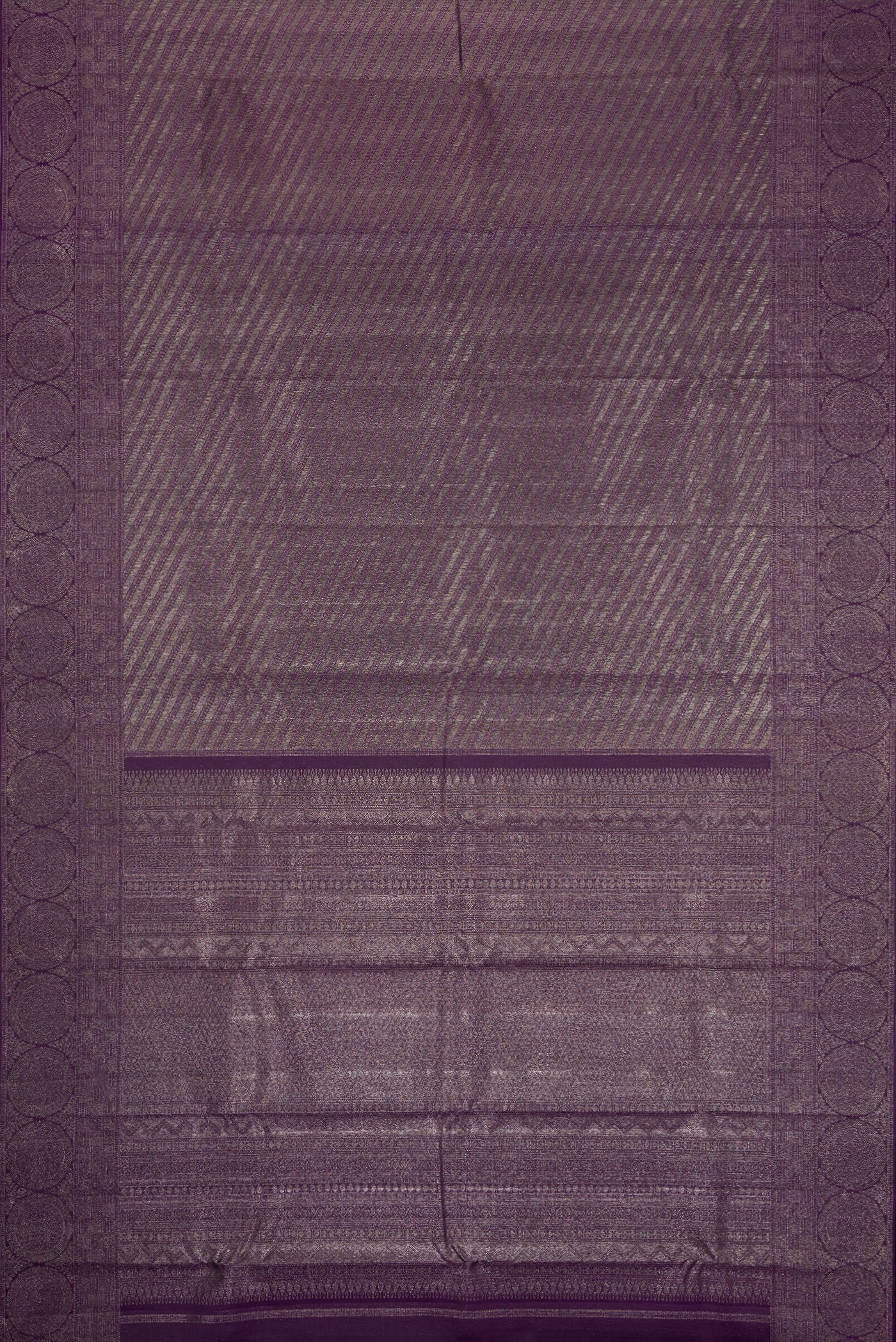 Flat view of Violet Dual Tone Kanjivaram Silk Saree with Zari Brocade on the body and Fancy Border. 