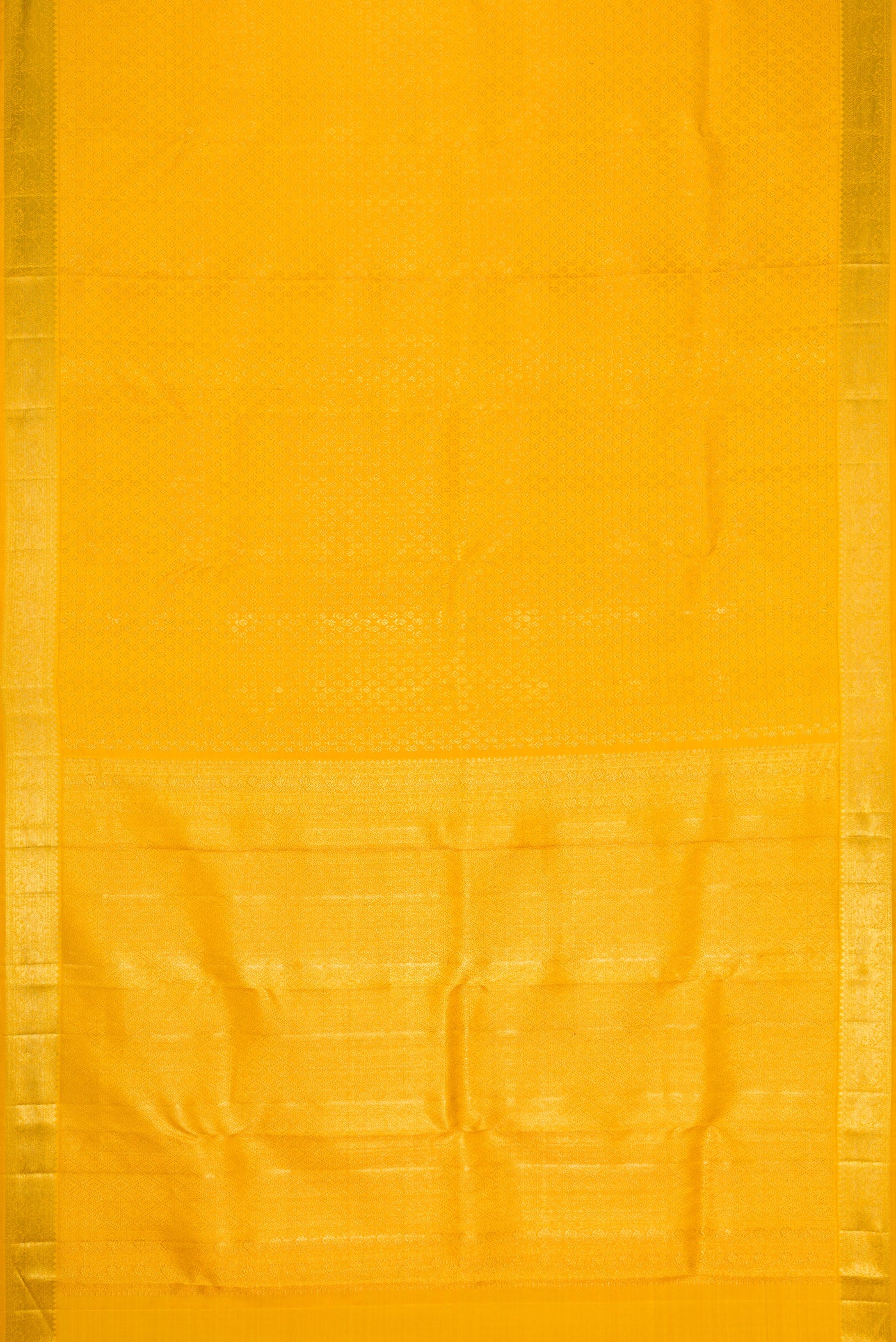 Flat view of Yellow Dual Tone Kanchipuram Silk Saree with Zari Brocade on the body and Zari Border. 
