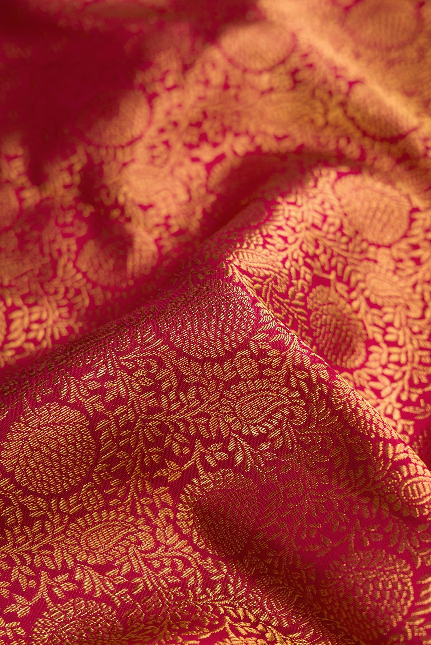 Close up of Maroon Dual Tone Kanchipuram Silk Saree with Zari Brocade on the body and Zari Border.  displaying folds
