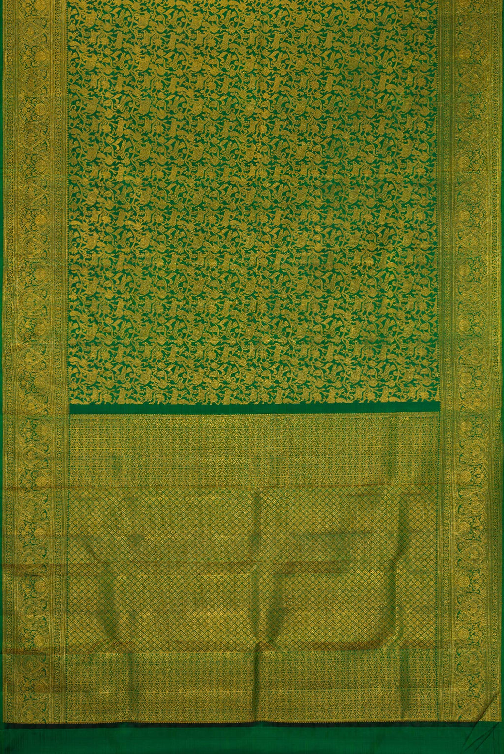 Flat view of Green Dual Tone Kanchipuram Silk Saree with Zari Brocade on the body and Zari Border. 