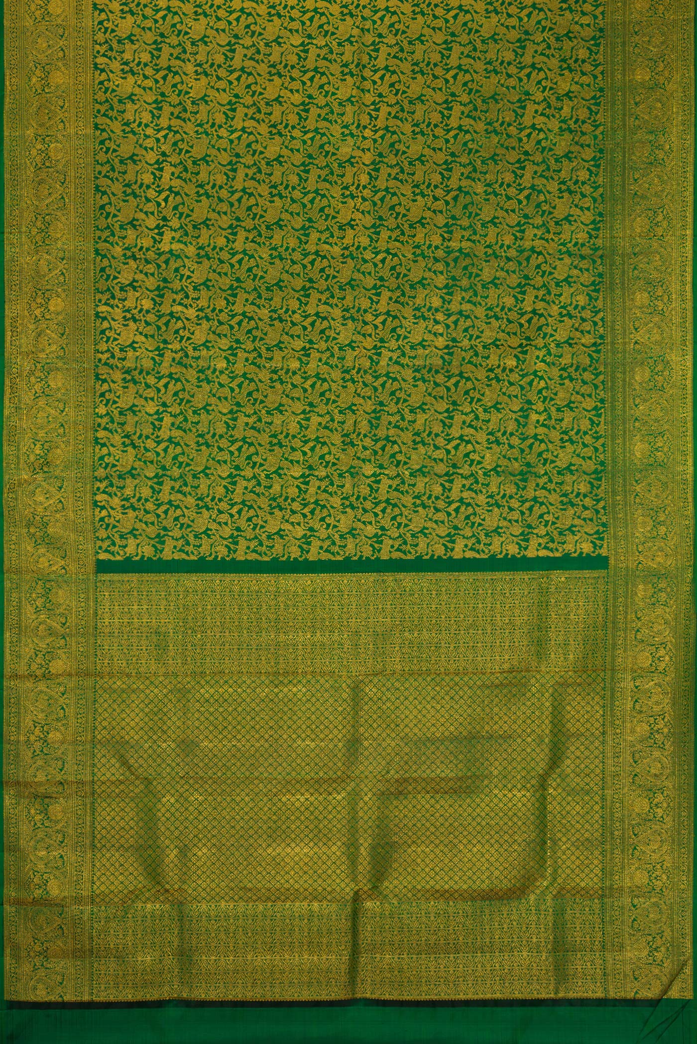 Flat view of Green Dual Tone Kanchipuram Silk Saree with Zari Brocade on the body and Zari Border. 