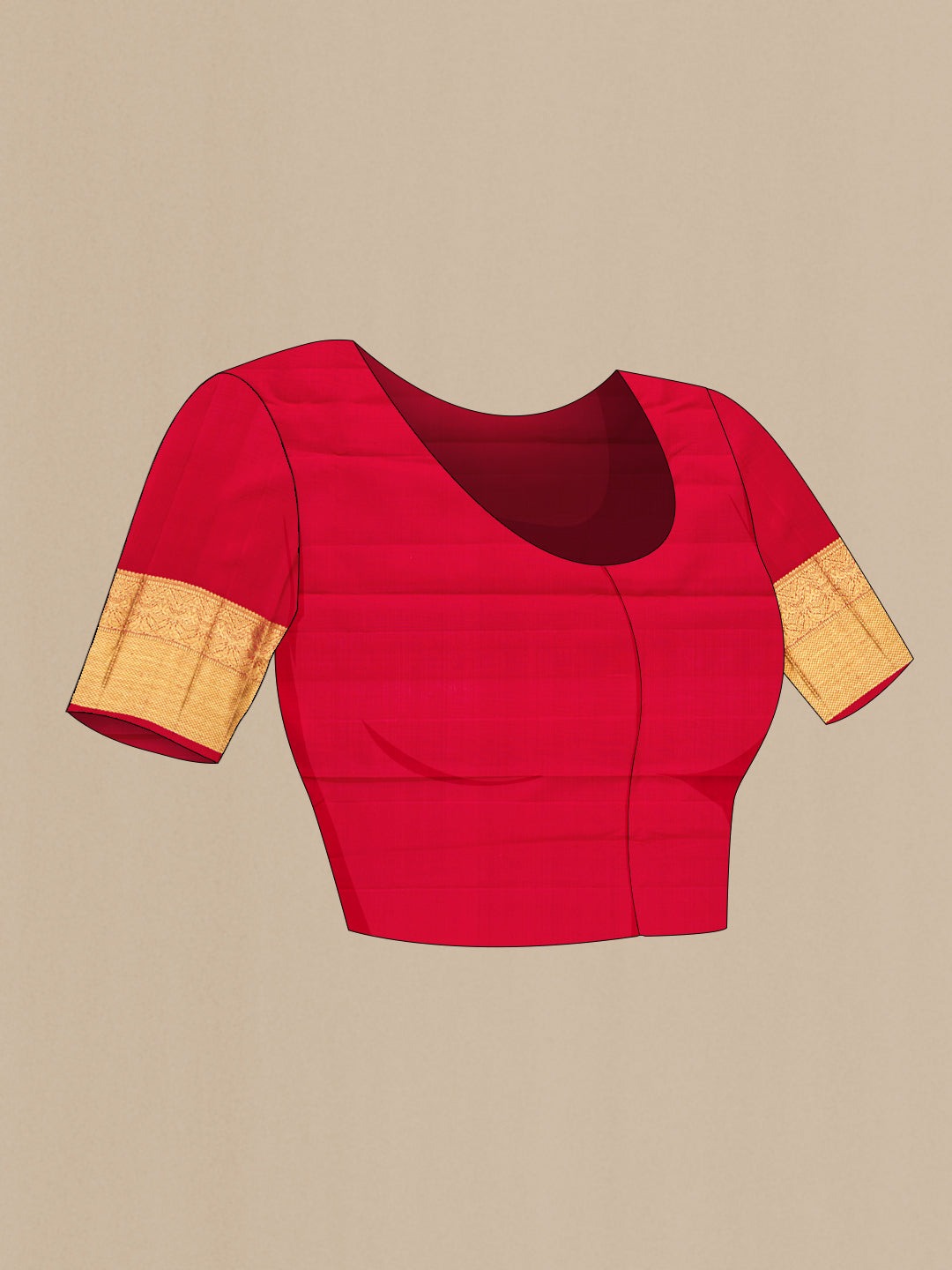 Close up image of the blouse of Red Dual Tone Kanchipuram Silk Saree with Zari Brocade on the body and Zari Border. 