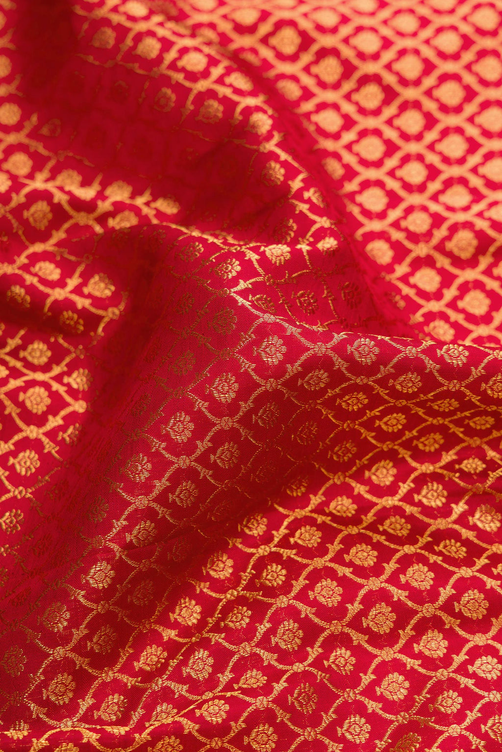Close up of Red Dual Tone Kanchipuram Silk Saree with Zari Brocade on the body and Zari Border.  displaying folds