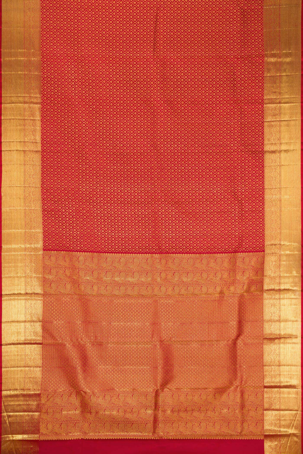 Flat view of Red Dual Tone Kanchipuram Silk Saree with Zari Brocade on the body and Zari Border. 