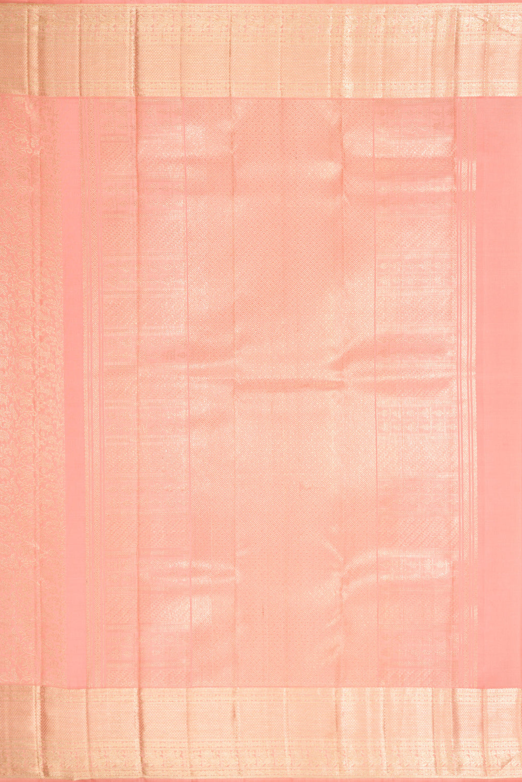 Close up image of the pallu of Peach Dual Tone Kanchipuram Silk Saree with Zari Brocade on the body and Zari Border. 