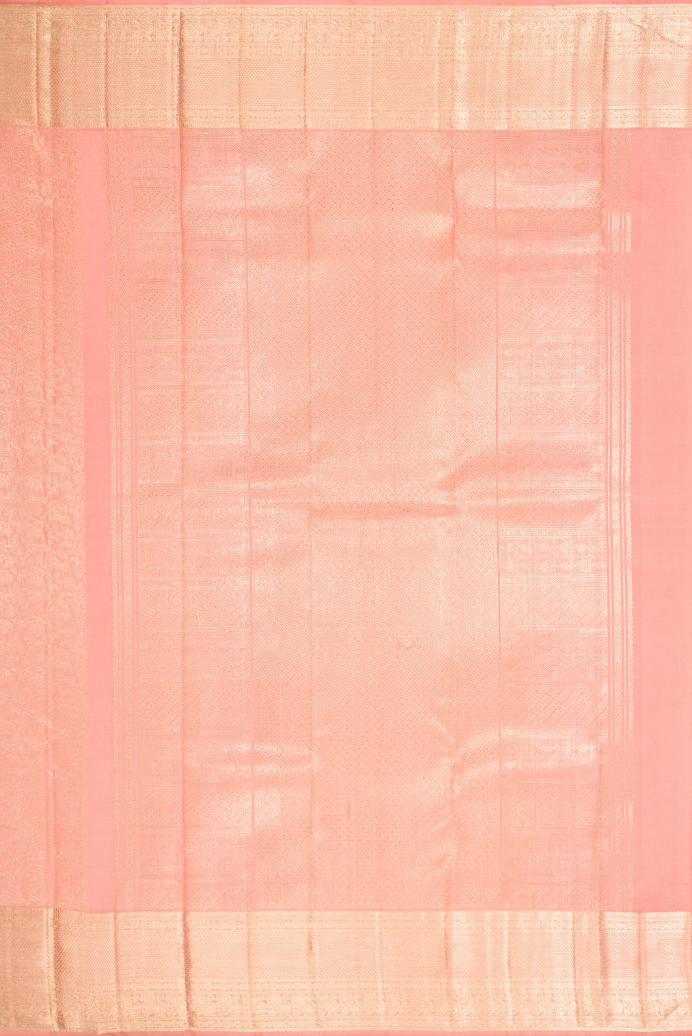 Close up image of the pallu of Peach Dual Tone Kanchipuram Silk Saree with Zari Brocade on the body and Zari Border. 