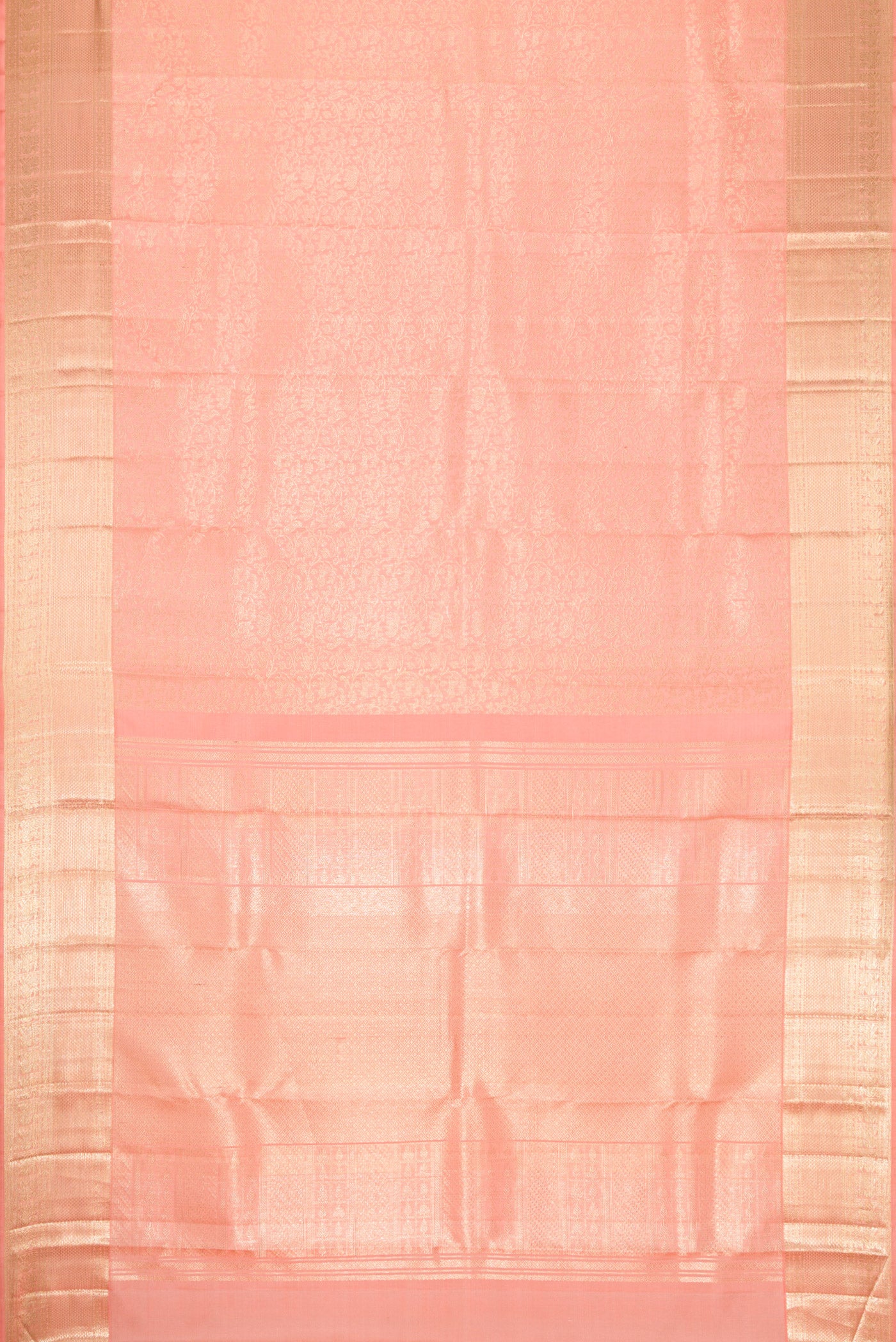 Flat view of Peach Dual Tone Kanchipuram Silk Saree with Zari Brocade on the body and Zari Border. 