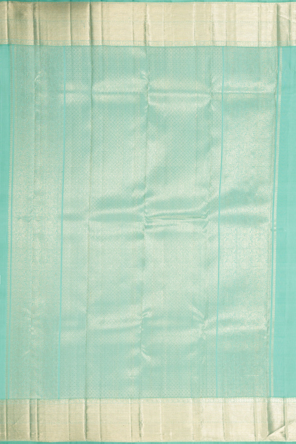 Close up image of the pallu of Light Blue Dual Tone Kanchipuram Silk Saree with Zari Brocade on the body and Zari Border. 