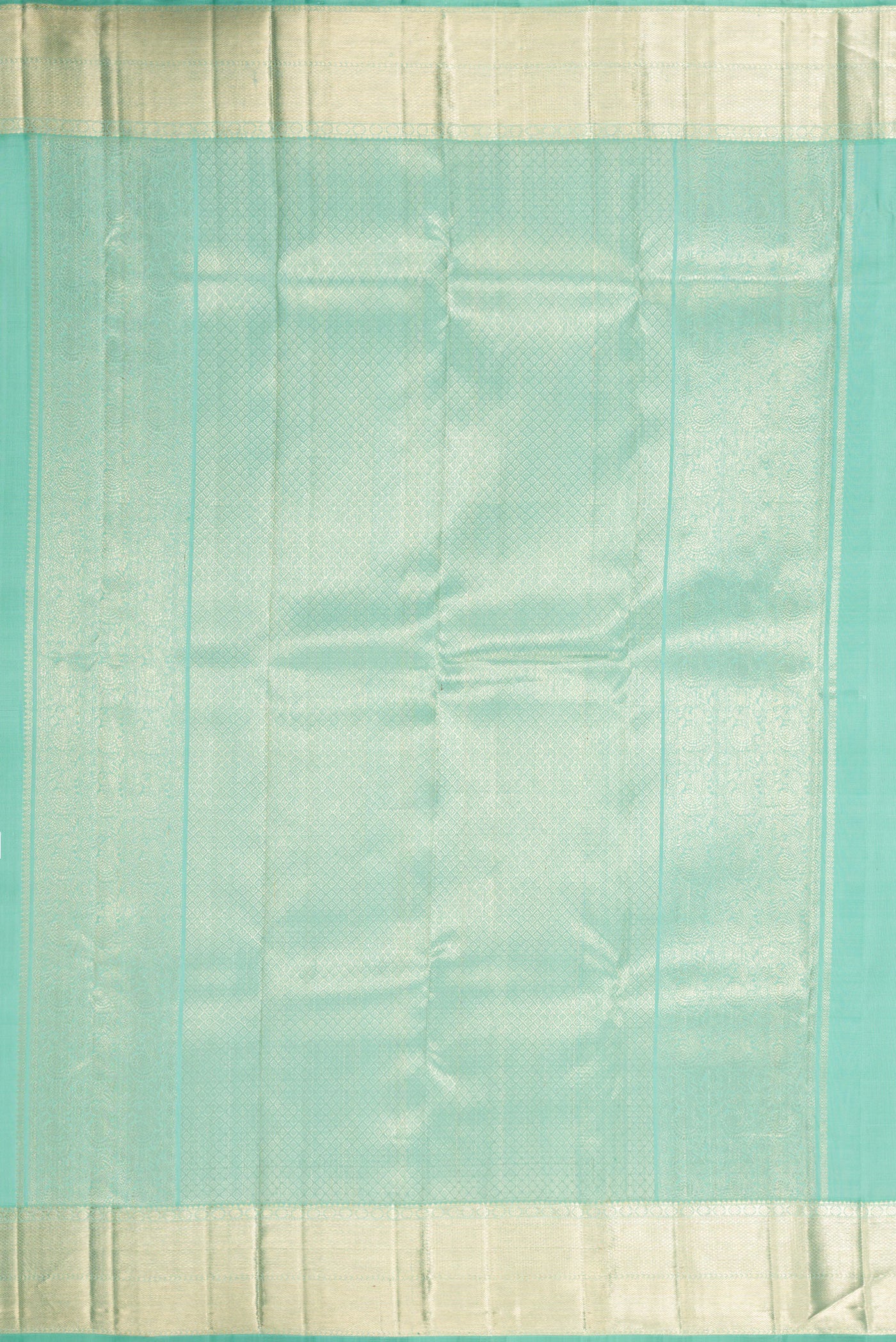 Close up image of the pallu of Light Blue Dual Tone Kanchipuram Silk Saree with Zari Brocade on the body and Zari Border. 