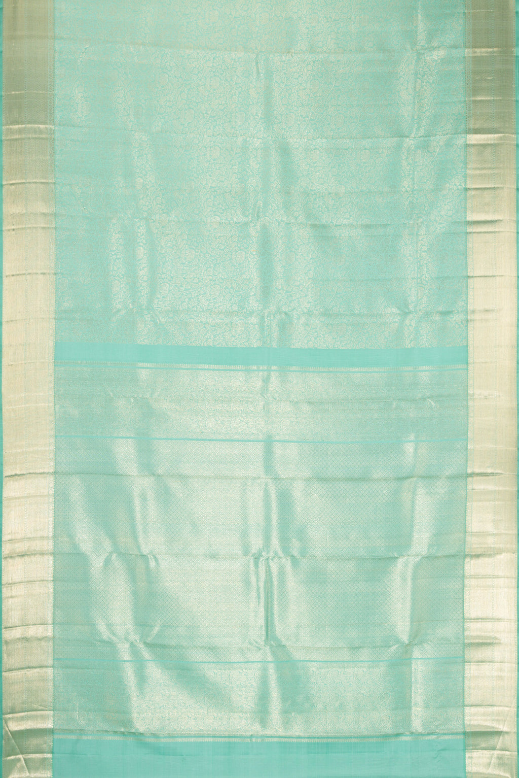 Flat view of Light Blue Dual Tone Kanchipuram Silk Saree with Zari Brocade on the body and Zari Border. 