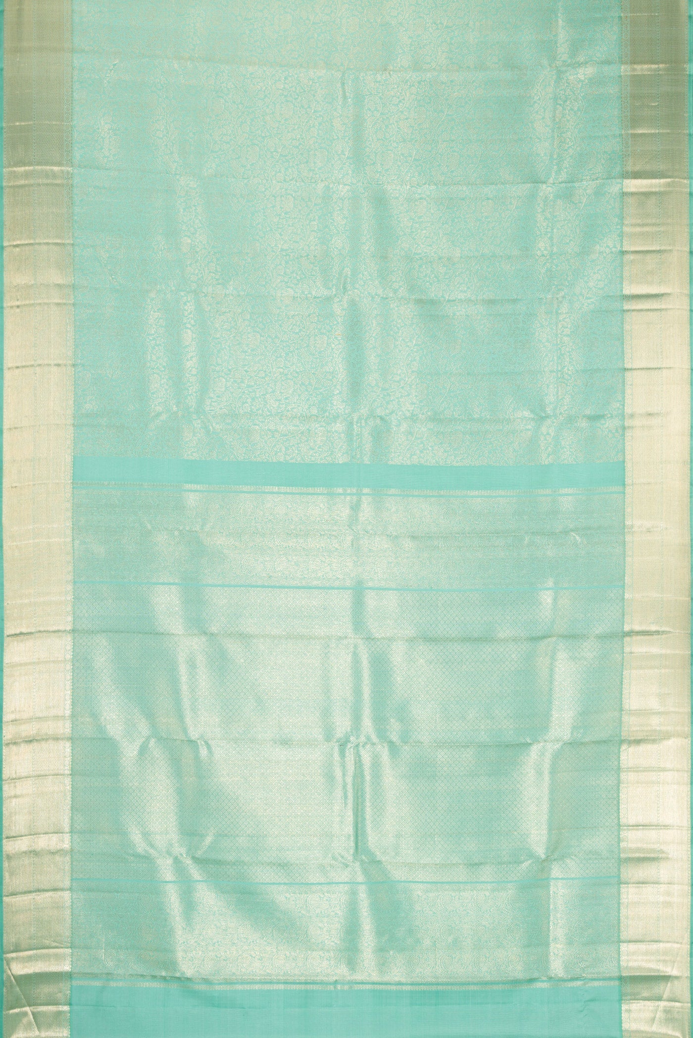 Flat view of Light Blue Dual Tone Kanchipuram Silk Saree with Zari Brocade on the body and Zari Border. 