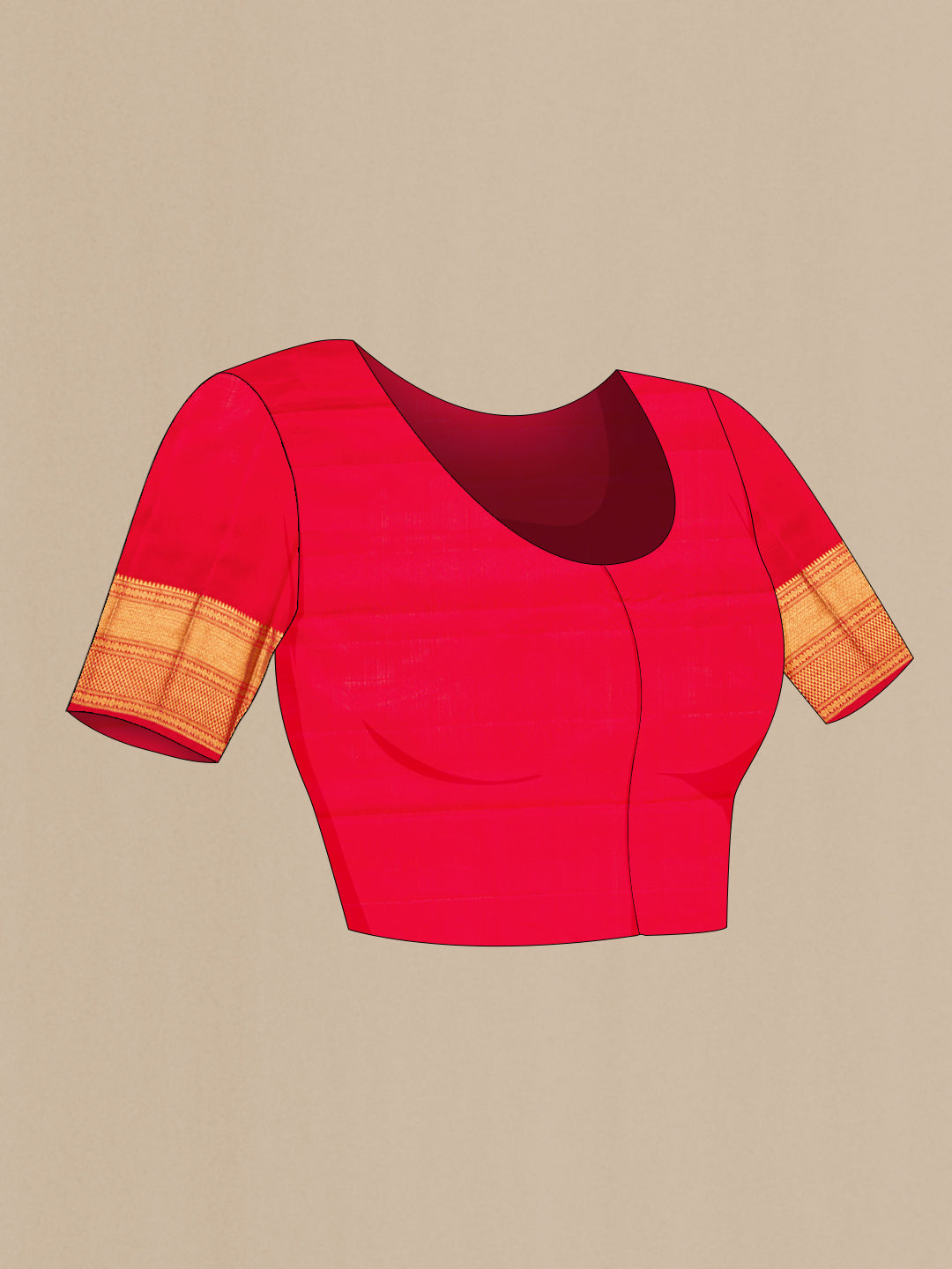 Close up image of the blouse of Red Kanchipuram Silk Saree with Zari Brocade on the body and Zari Border. 