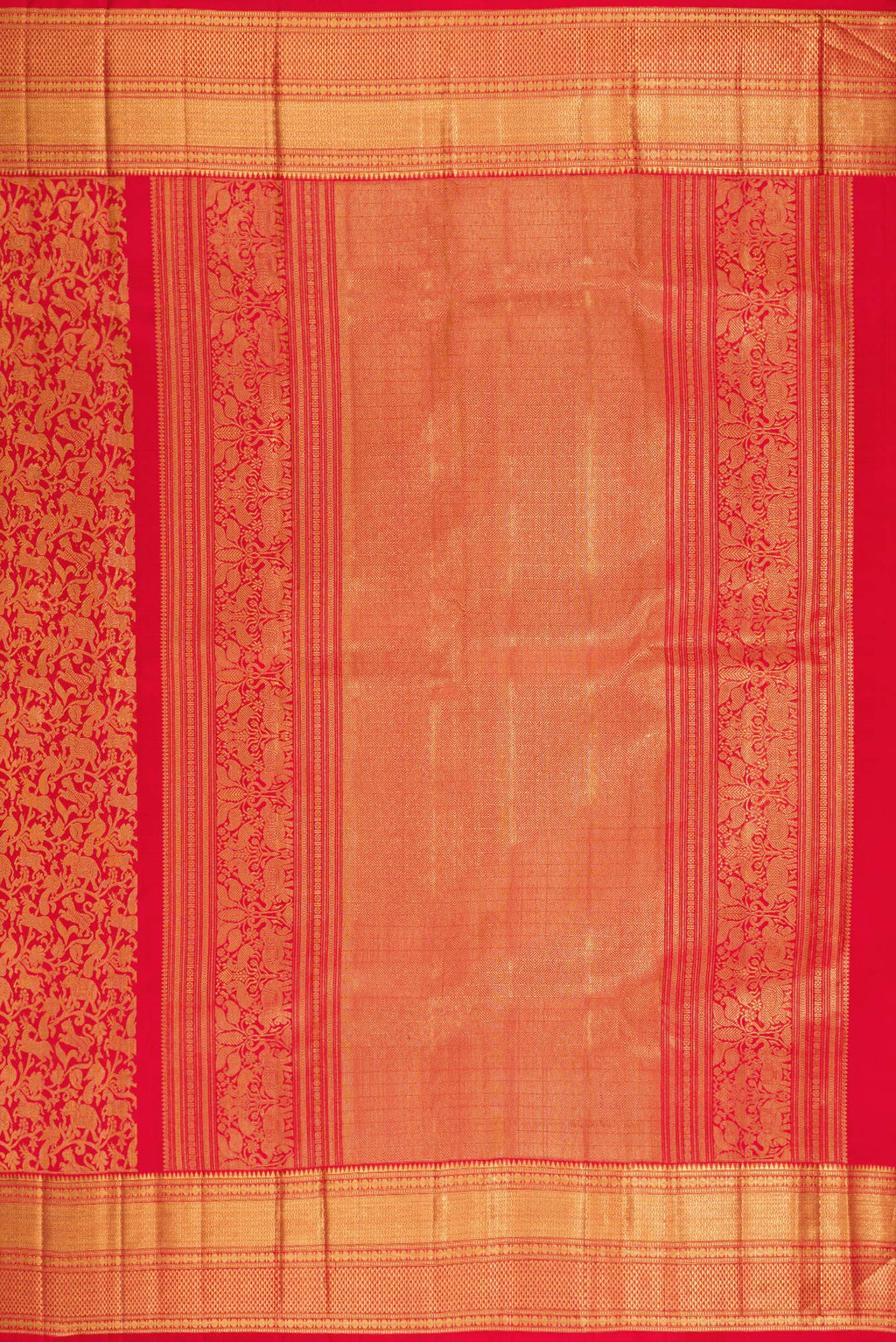 Close up image of the pallu of Red Kanchipuram Silk Saree with Zari Brocade on the body and Zari Border. 