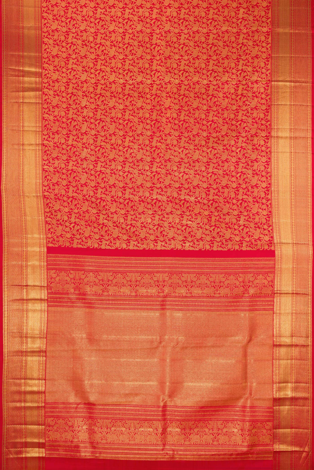 Flat view of Red Kanchipuram Silk Saree with Zari Brocade on the body and Zari Border. 