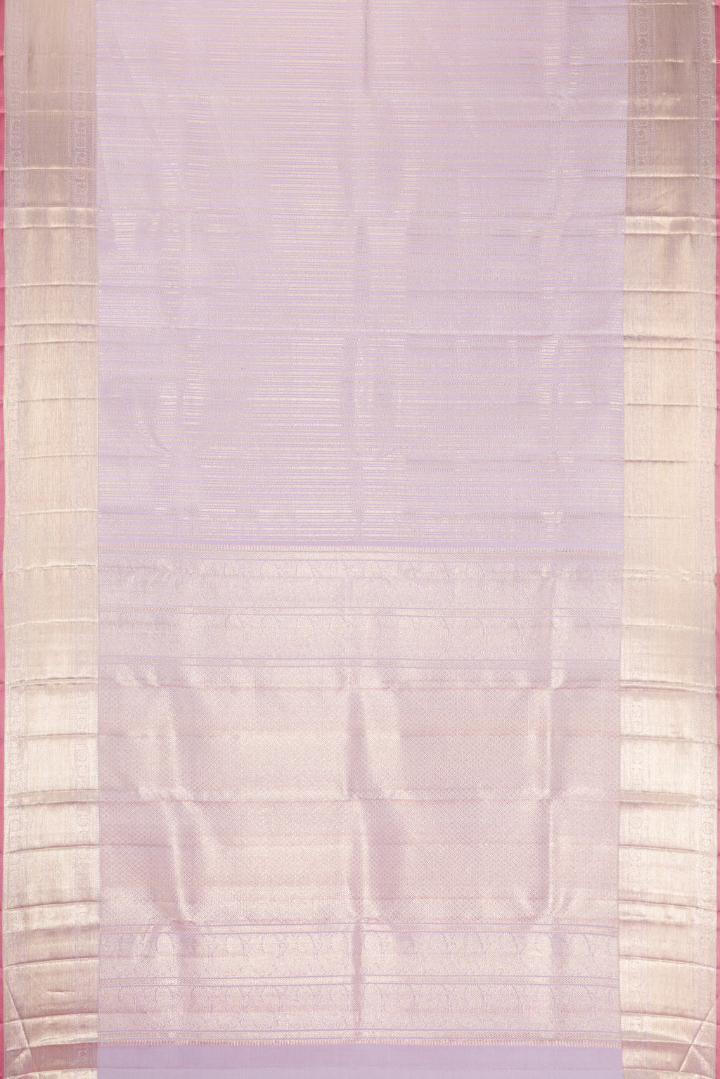Flat view of Lilac Dual Tone Kanchipuram Silk Saree with Zari Brocade on the body and Zari Border. 