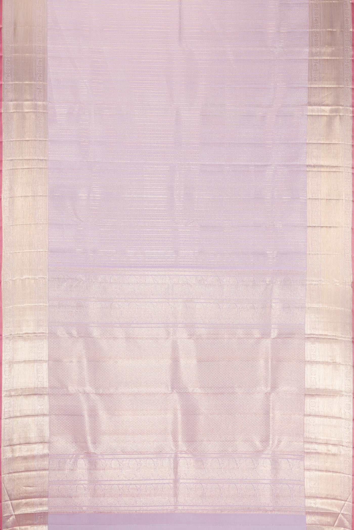 Flat view of Lilac Dual Tone Kanchipuram Silk Saree with Zari Brocade on the body and Zari Border. 
