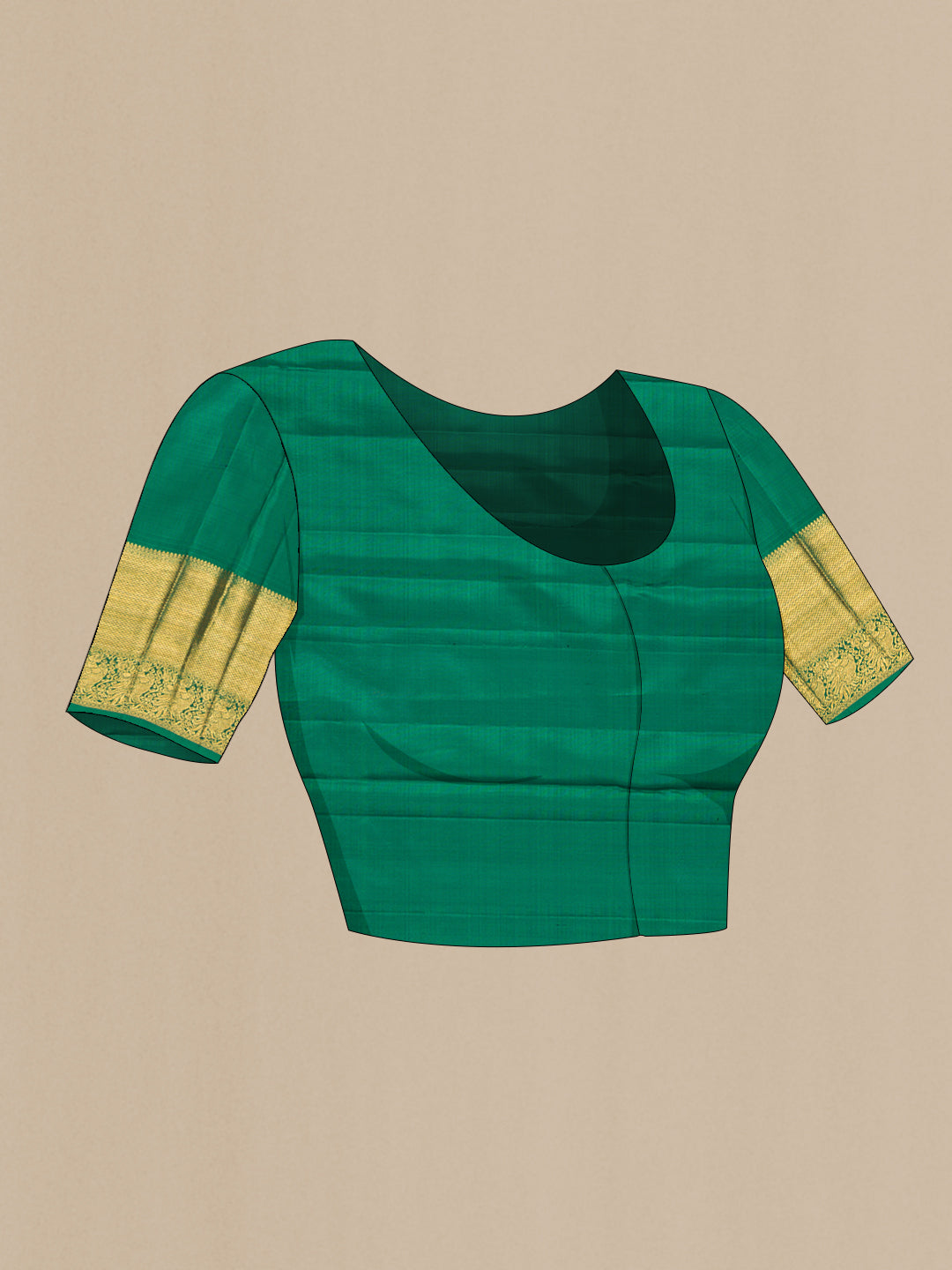 Close up image of the blouse of Bottle Green Kanchipuram Silk Saree with Zari Brocade on the body and Zari Border. 