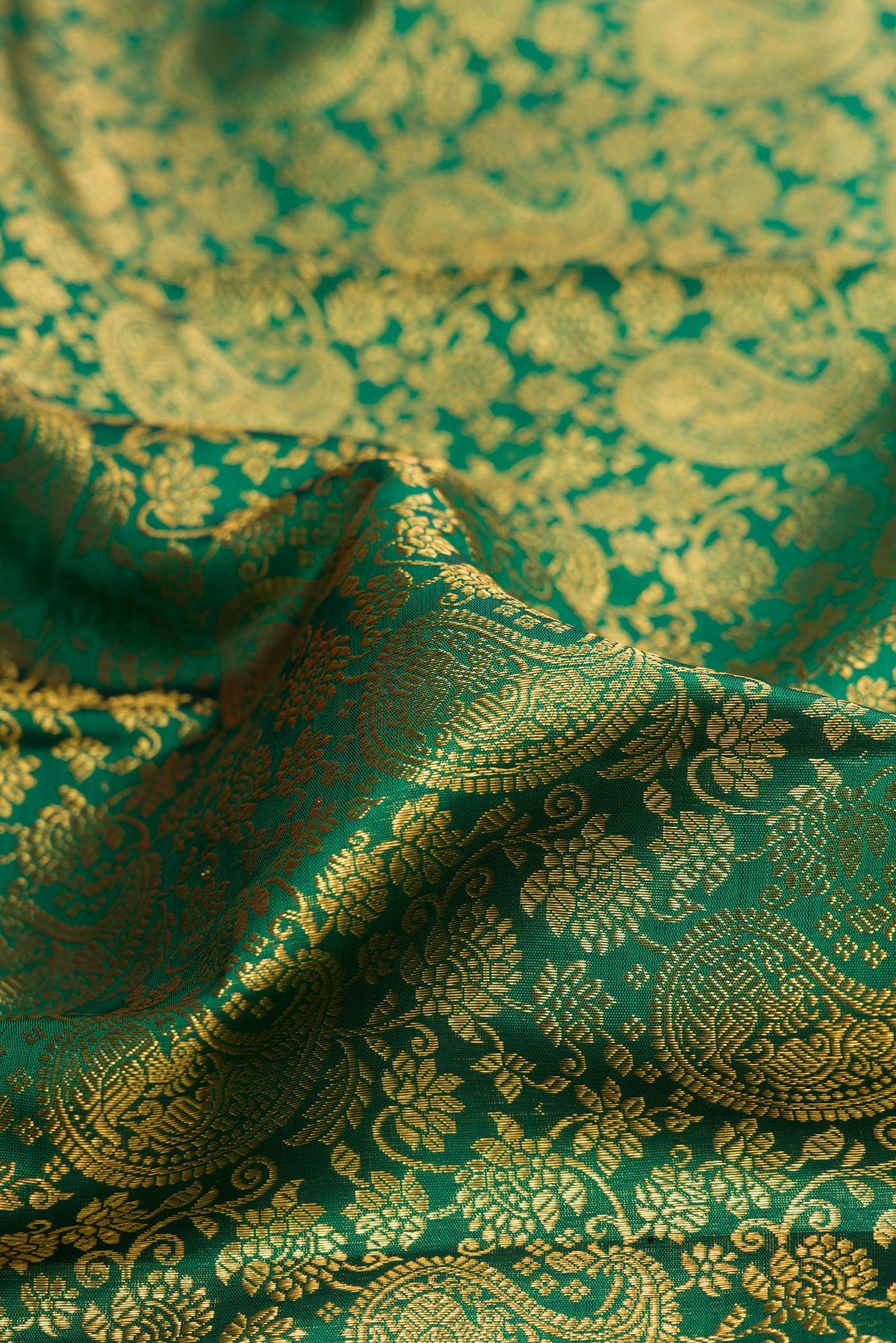 Close up of Bottle Green Kanchipuram Silk Saree with Zari Brocade on the body and Zari Border.  displaying folds