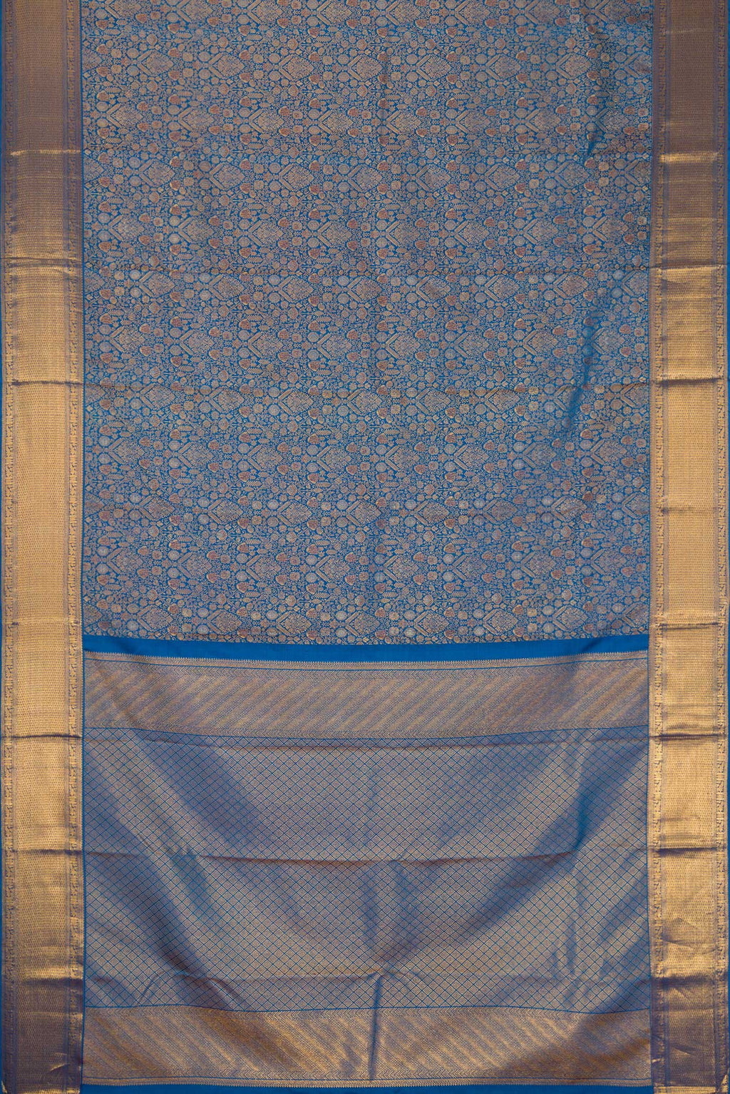 Flat view of Peacock Blue Dual Tone Kanchipuram Silk Saree with Zari Brocade on the body and Zari Border. 