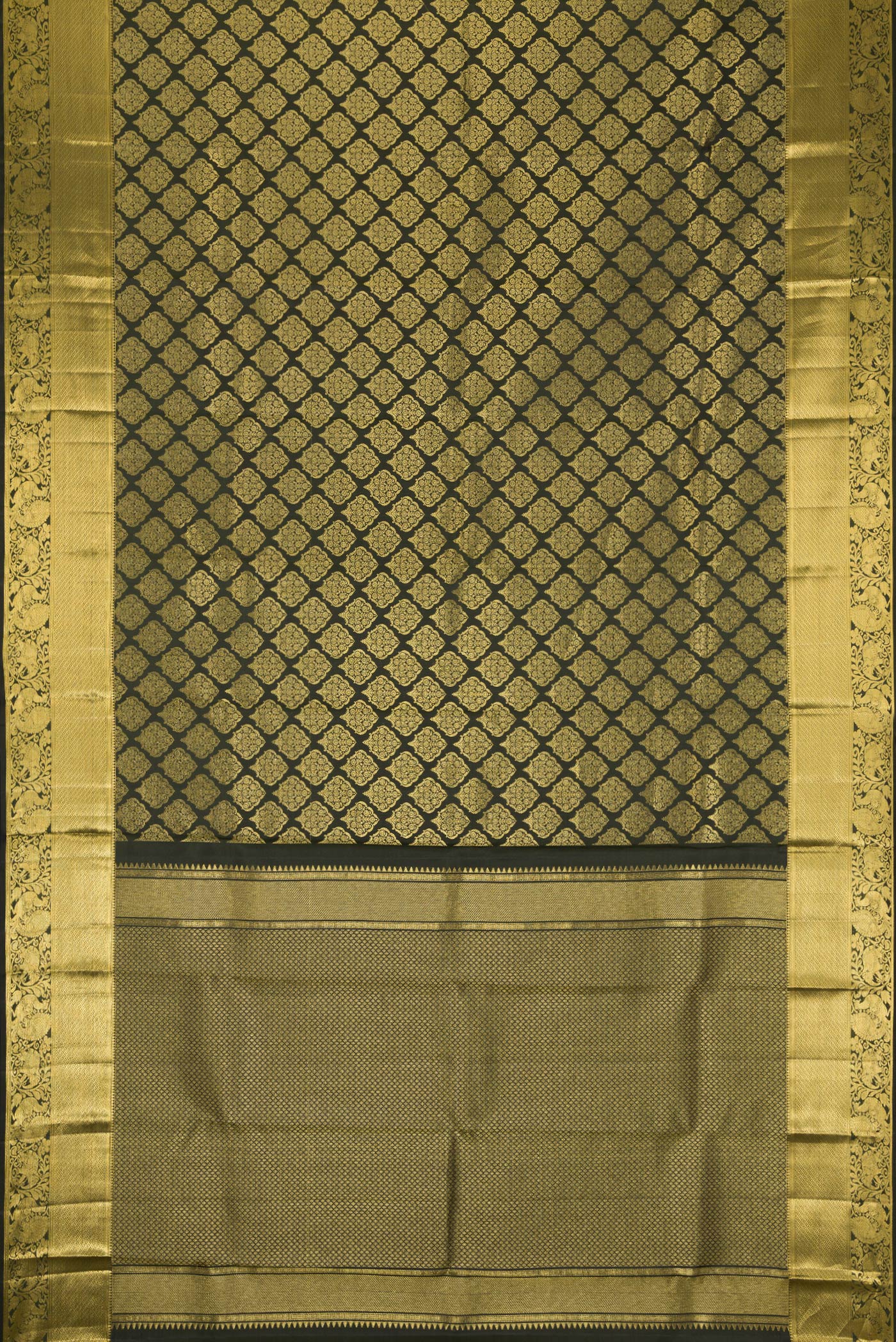 Flat view of Bottle Green Kanchipuram Silk Saree with Zari Brocade on the body and Zari Border. 