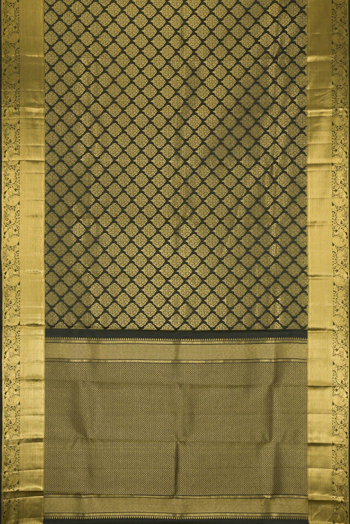 Flat view of Bottle Green Kanchipuram Silk Saree with Zari Brocade on the body and Zari Border. 