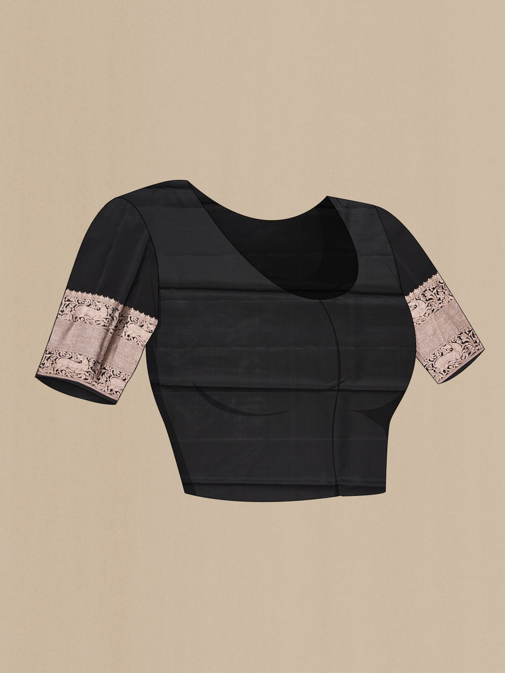 Close up image of the blouse of Black Dual Tone Kanchipuram Silk Saree with Zari Brocade on the body and Zari Border. 