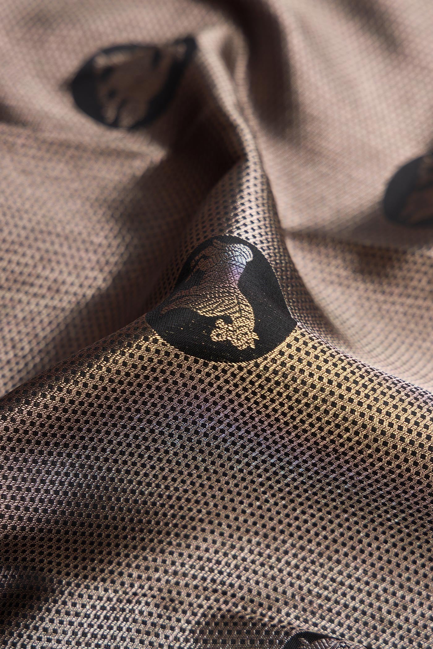 Close up of Black Dual Tone Kanchipuram Silk Saree with Zari Brocade on the body and Zari Border.  displaying folds