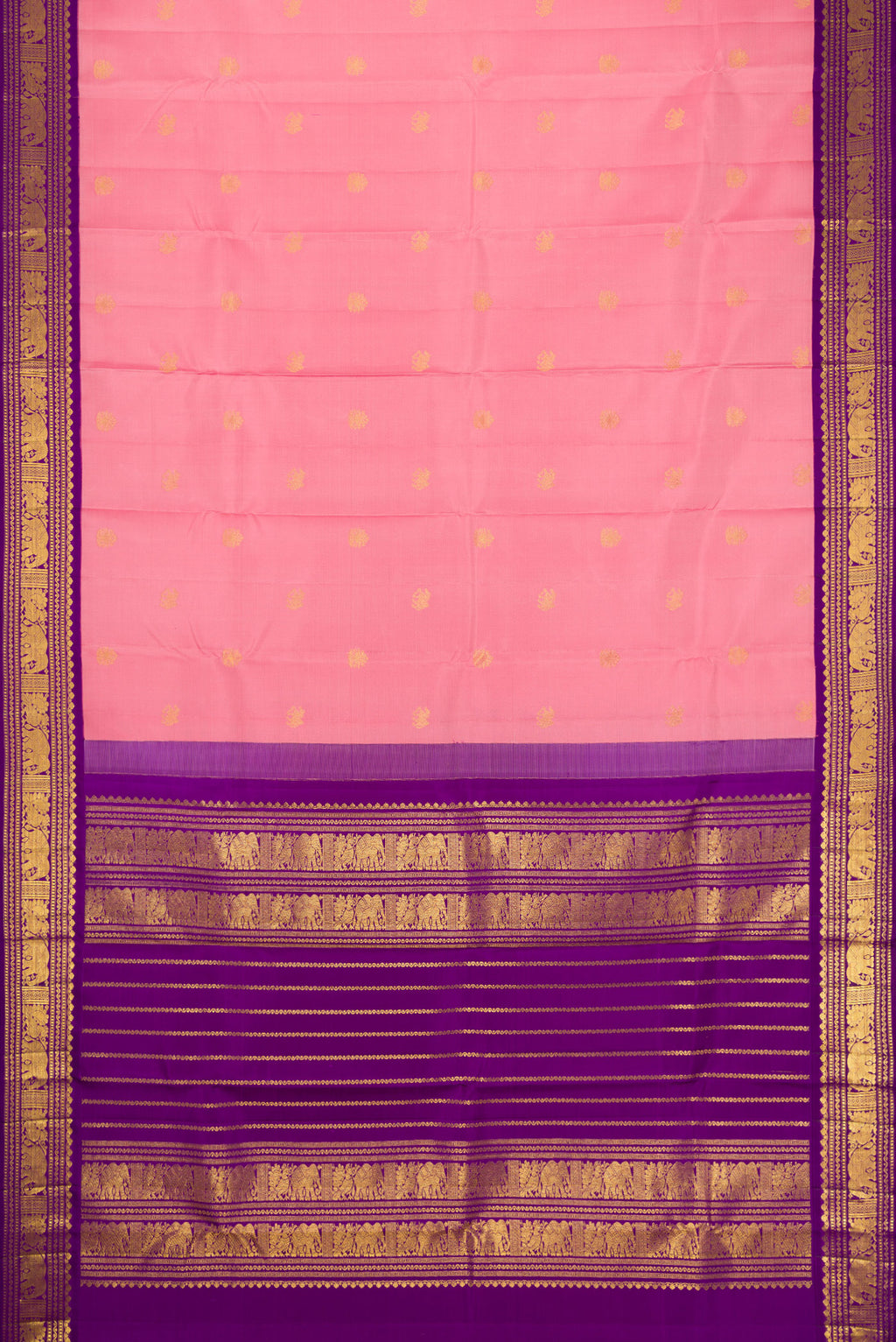 Flat view of Pink Dual Tone Kanchipuram Silk Saree with Zari Butta on the body and Zari Border. 