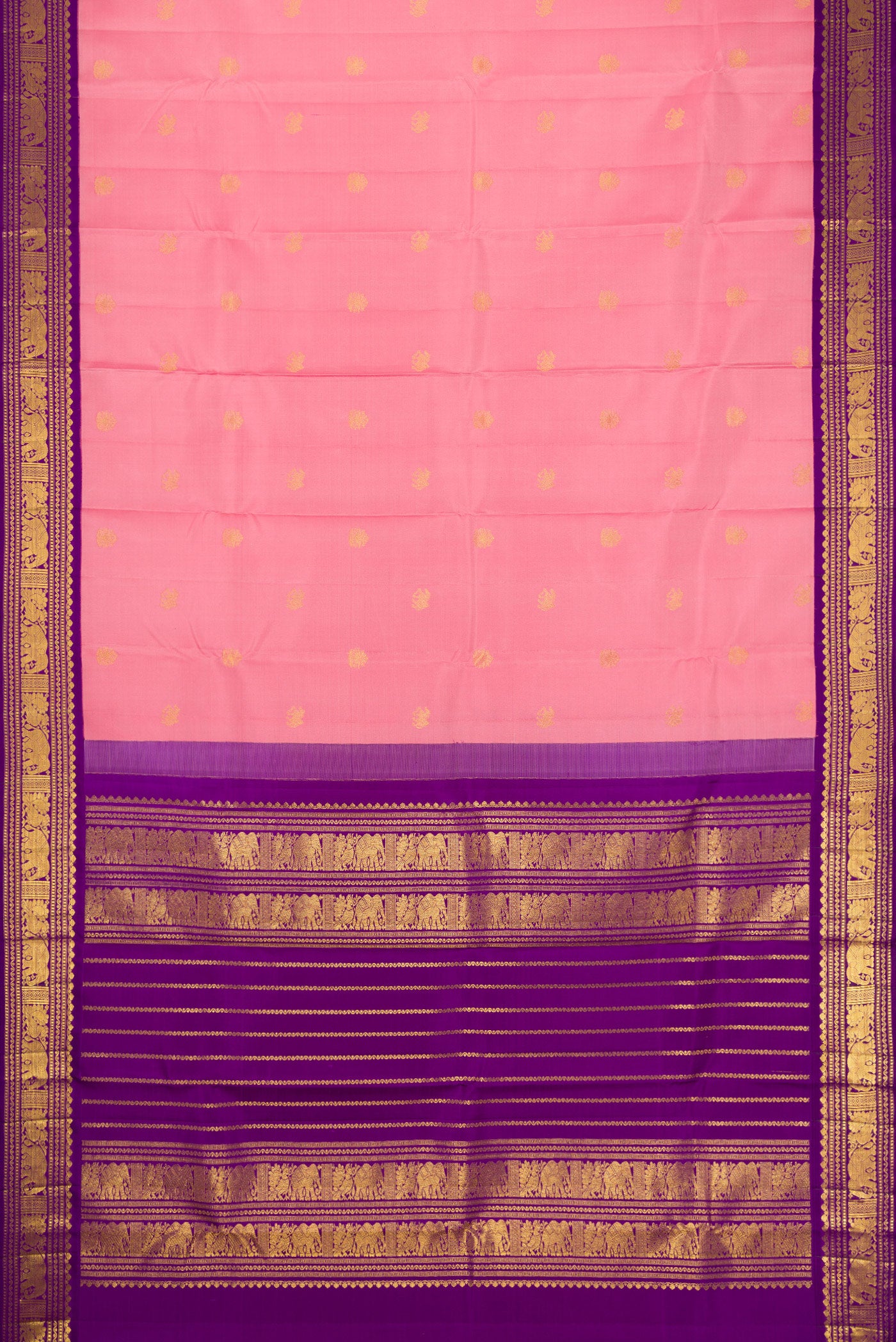 Flat view of Pink Dual Tone Kanchipuram Silk Saree with Zari Butta on the body and Zari Border. 