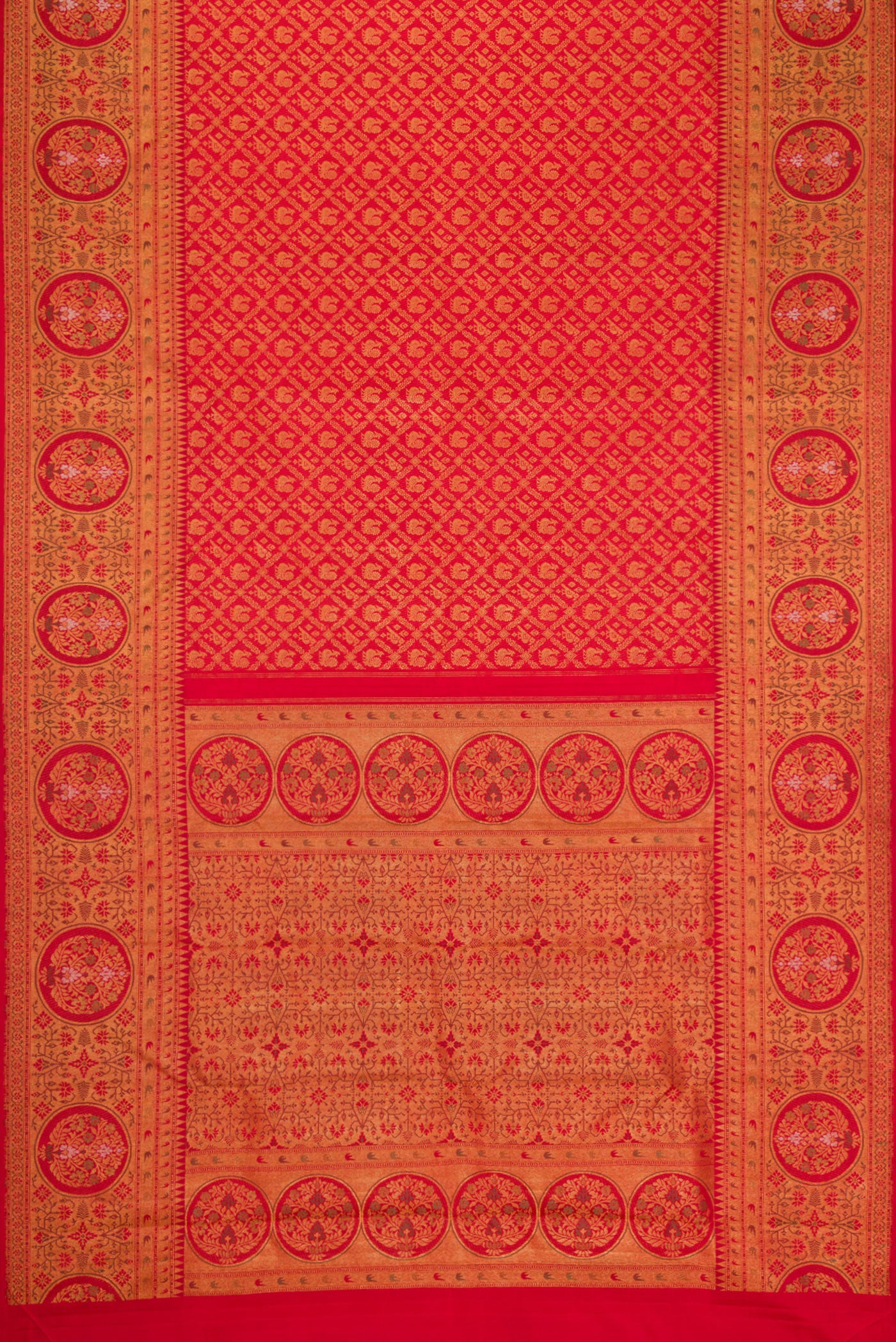 Flat view of Red Dual Tone Kanjivaram Silk Saree with Zari Brocade on the body and Zari Border. 
