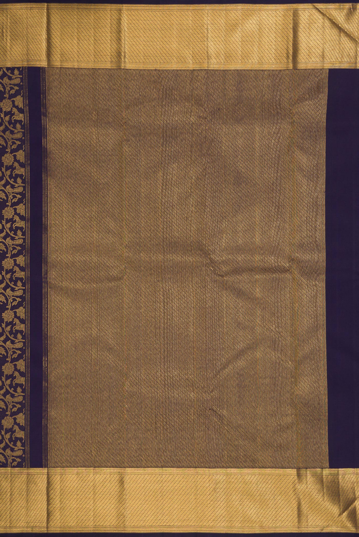 Close up image of the pallu of Navy Blue Dual Tone Kanchipuram Silk Saree with Zari Brocade on the body and Zari Border. 