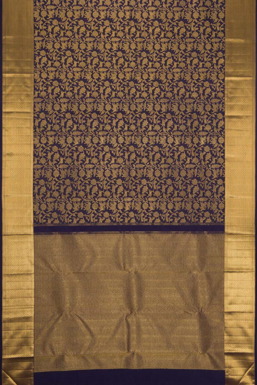 Flat view of Navy Blue Dual Tone Kanchipuram Silk Saree with Zari Brocade on the body and Zari Border. 