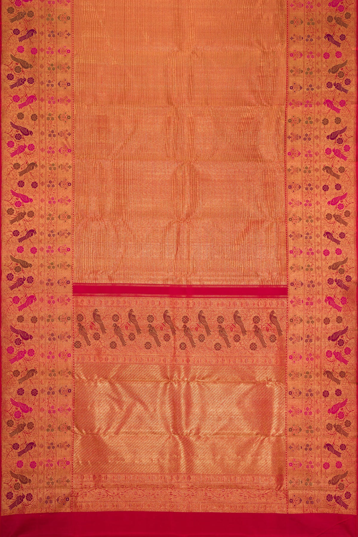 Flat view of Dark Pink Dual Tone Kanjivaram Silk Saree with Zari Brocade on the body and Fancy Border. 