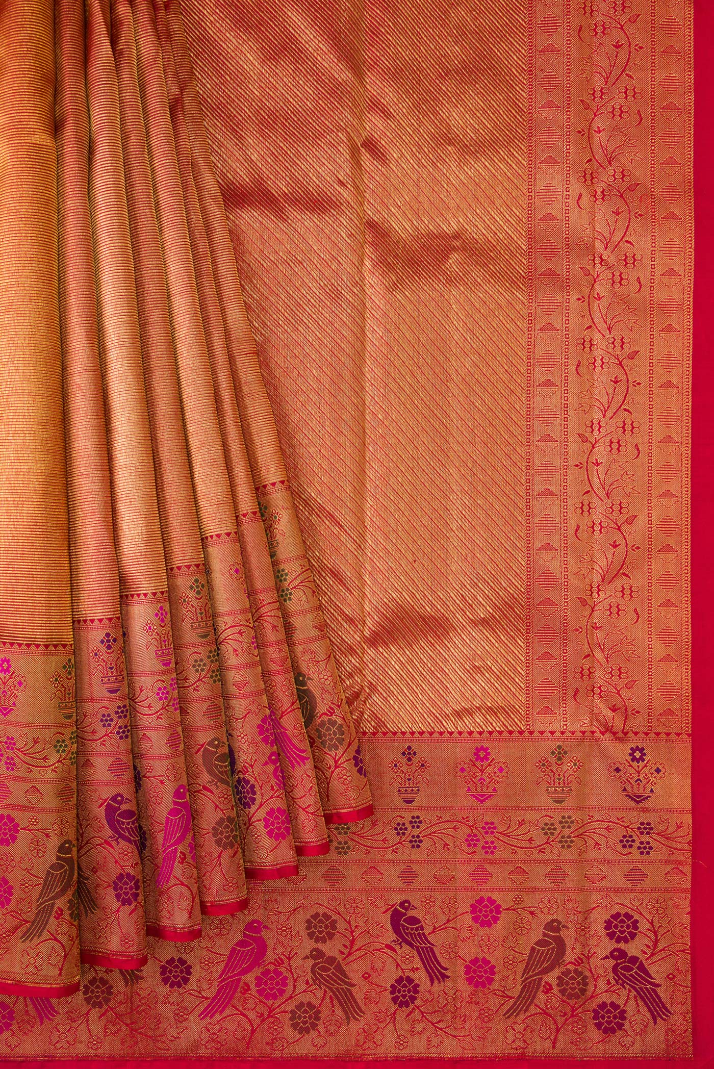 Pleats and pallu of Dark Pink Dual Tone Kanjivaram Silk Saree with Zari Brocade on the body and Fancy Border. 