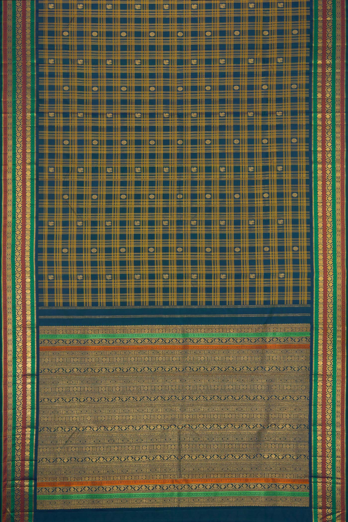 Flat view of Pure Silk Pure Zari Navy Blue Dual Tone Kanjivaram Saree with Checked design on the body and Zari Border. 