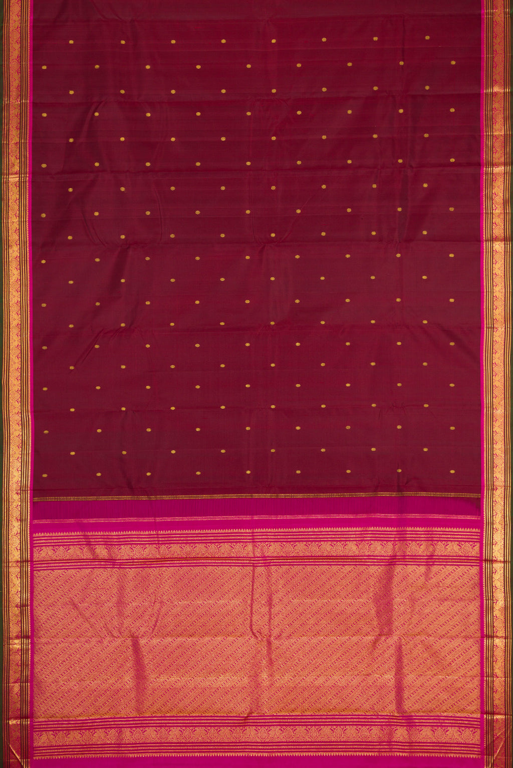 Flat view of Maroon Dual Tone Kanjivaram Silk Saree with Zari Butta on the body and Zari Border. 