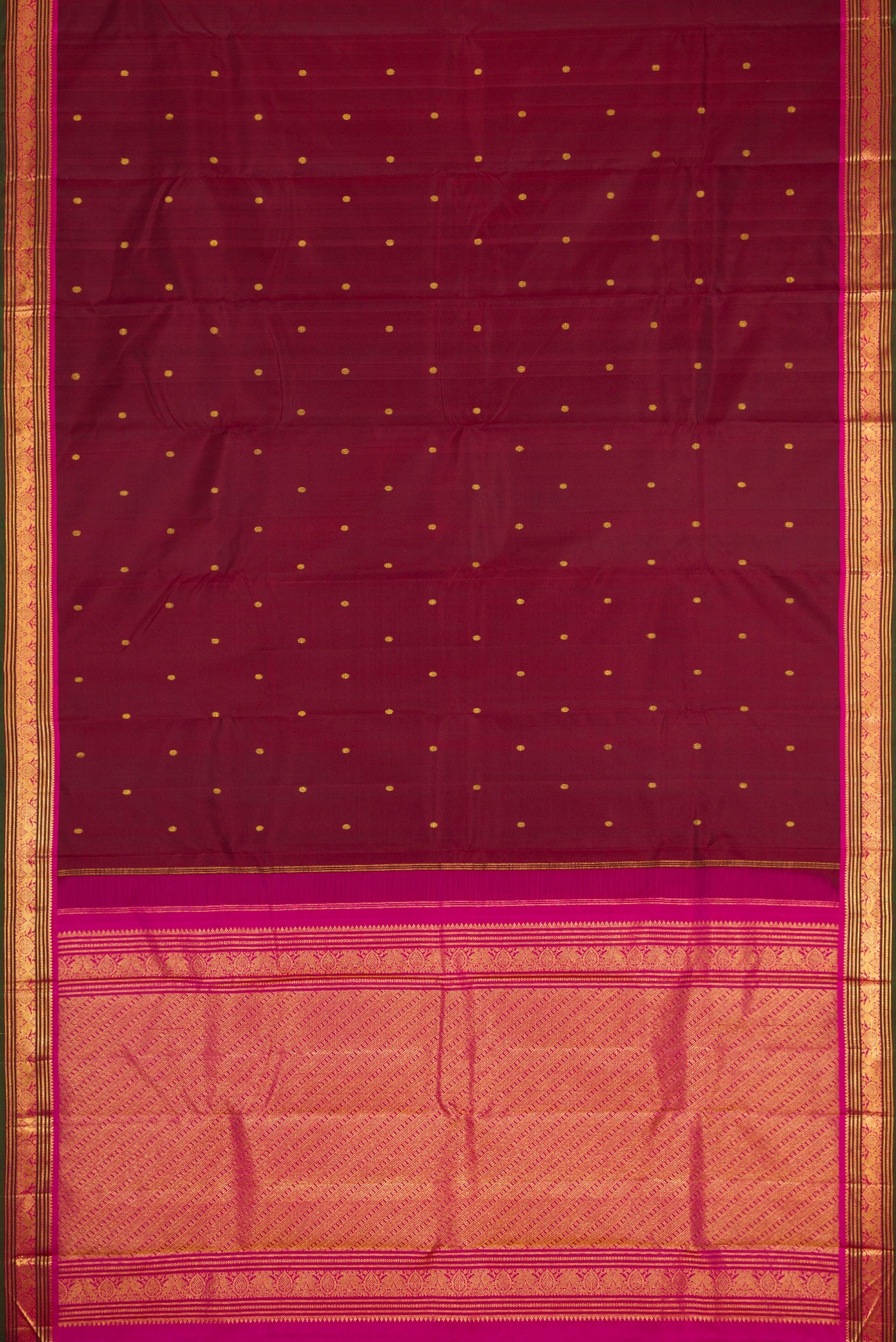 Flat view of Maroon Dual Tone Kanjivaram Silk Saree with Zari Butta on the body and Zari Border. 