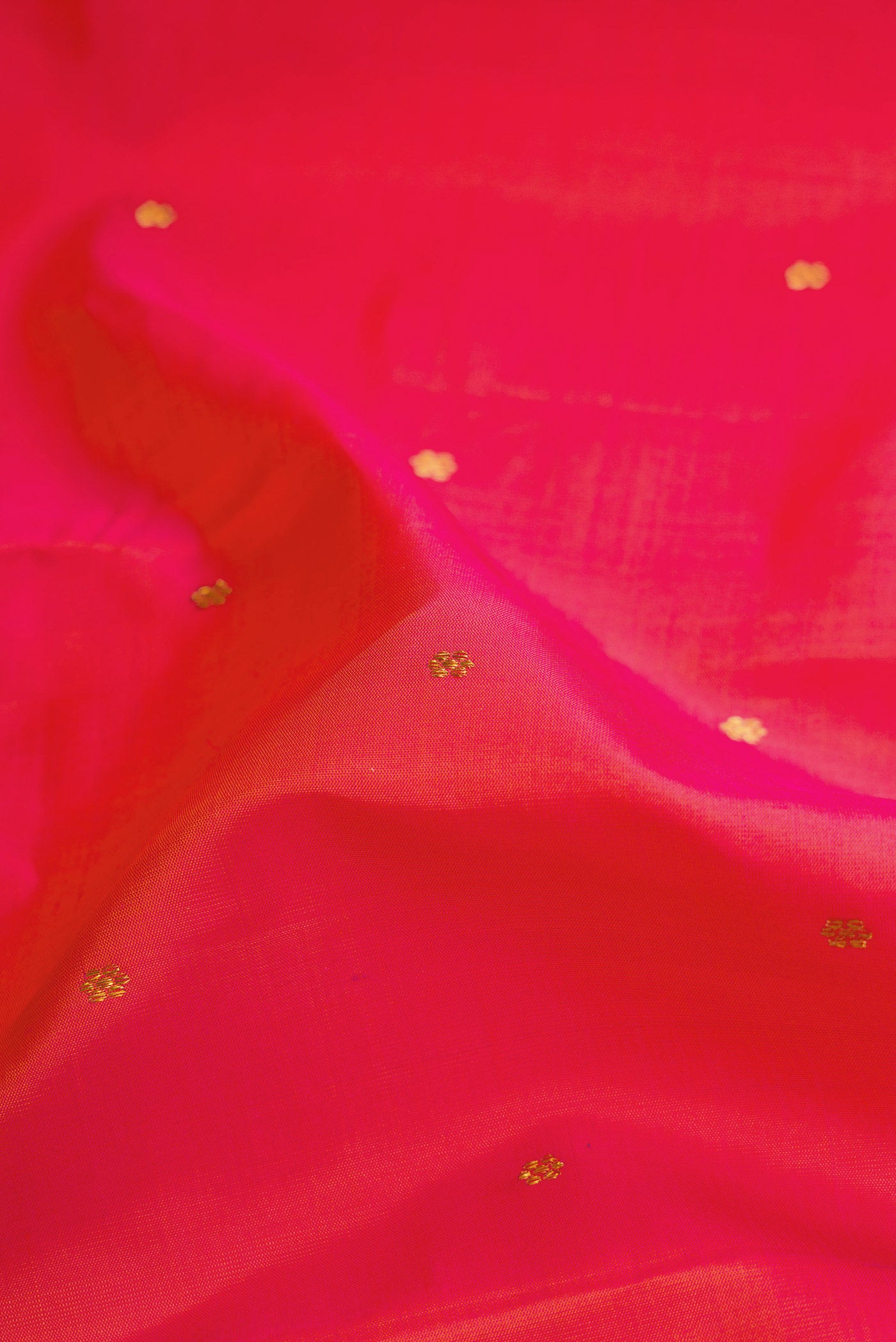 Close up of Coral Dual Tone Kanjivaram Silk Saree with Zari Butta on the body and Zari Border.  displaying folds