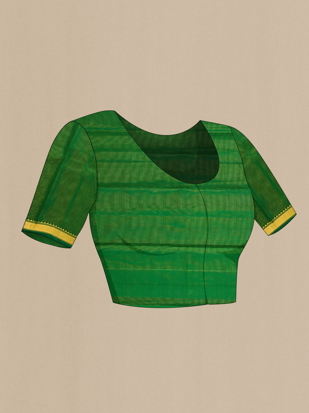 Close up image of the blouse of Pure Silk Pure Zari Green Dual Tone Kanjivaram Saree with Stripes on the body and Zari Border. 