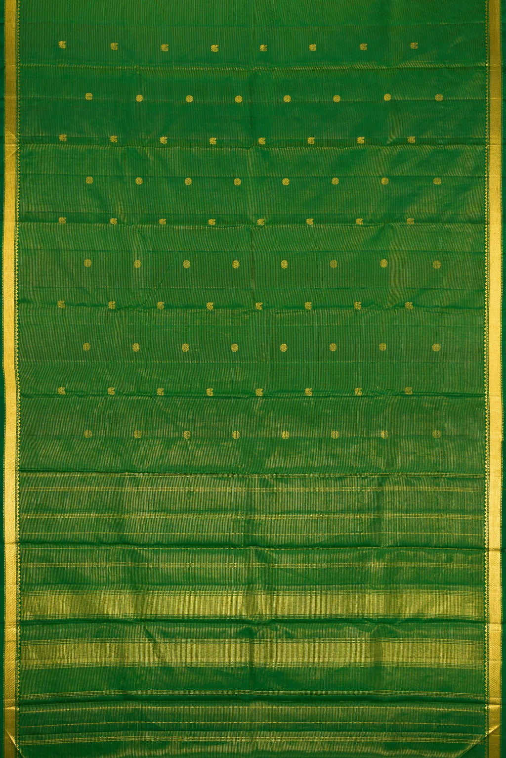 Flat view of Pure Silk Pure Zari Green Dual Tone Kanjivaram Saree with Stripes on the body and Zari Border. 