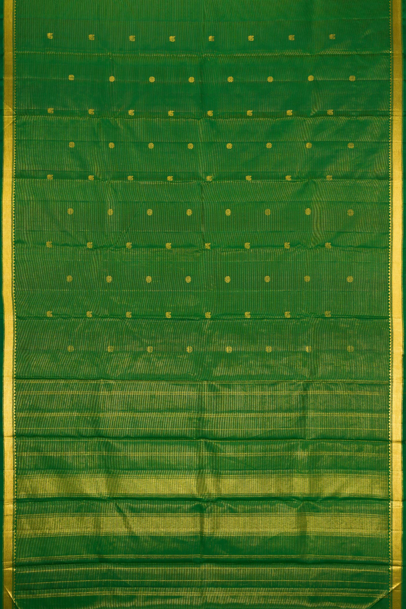 Flat view of Pure Silk Pure Zari Green Dual Tone Kanjivaram Saree with Stripes on the body and Zari Border. 