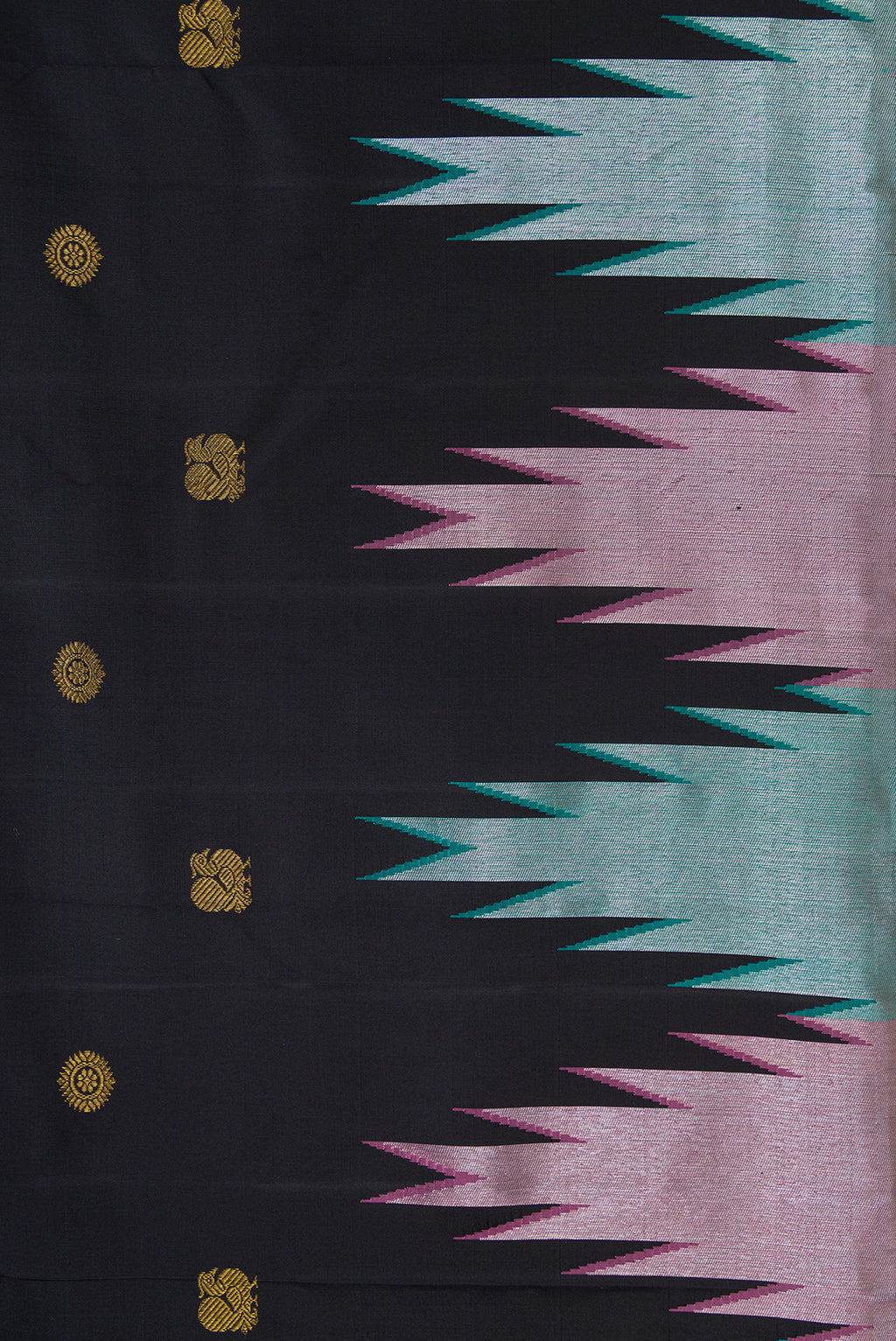 Border image of Black Dual Tone Kanchipuram Silk Saree with Zari Butta on the body and Temple Border. 
