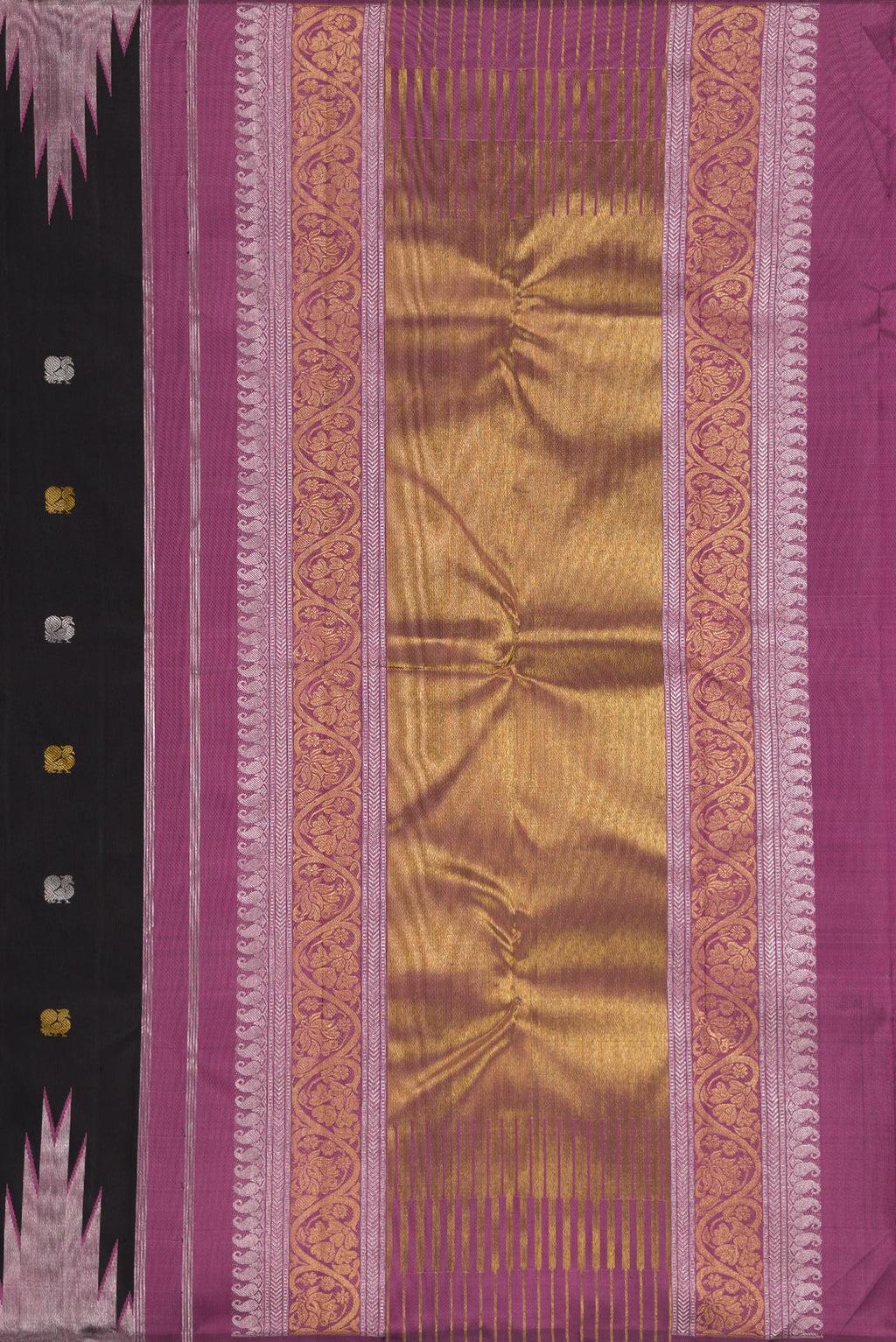 Close up image of the pallu of Black Dual Tone Kanchipuram Silk Saree with Zari Butta on the body and Temple Border. 